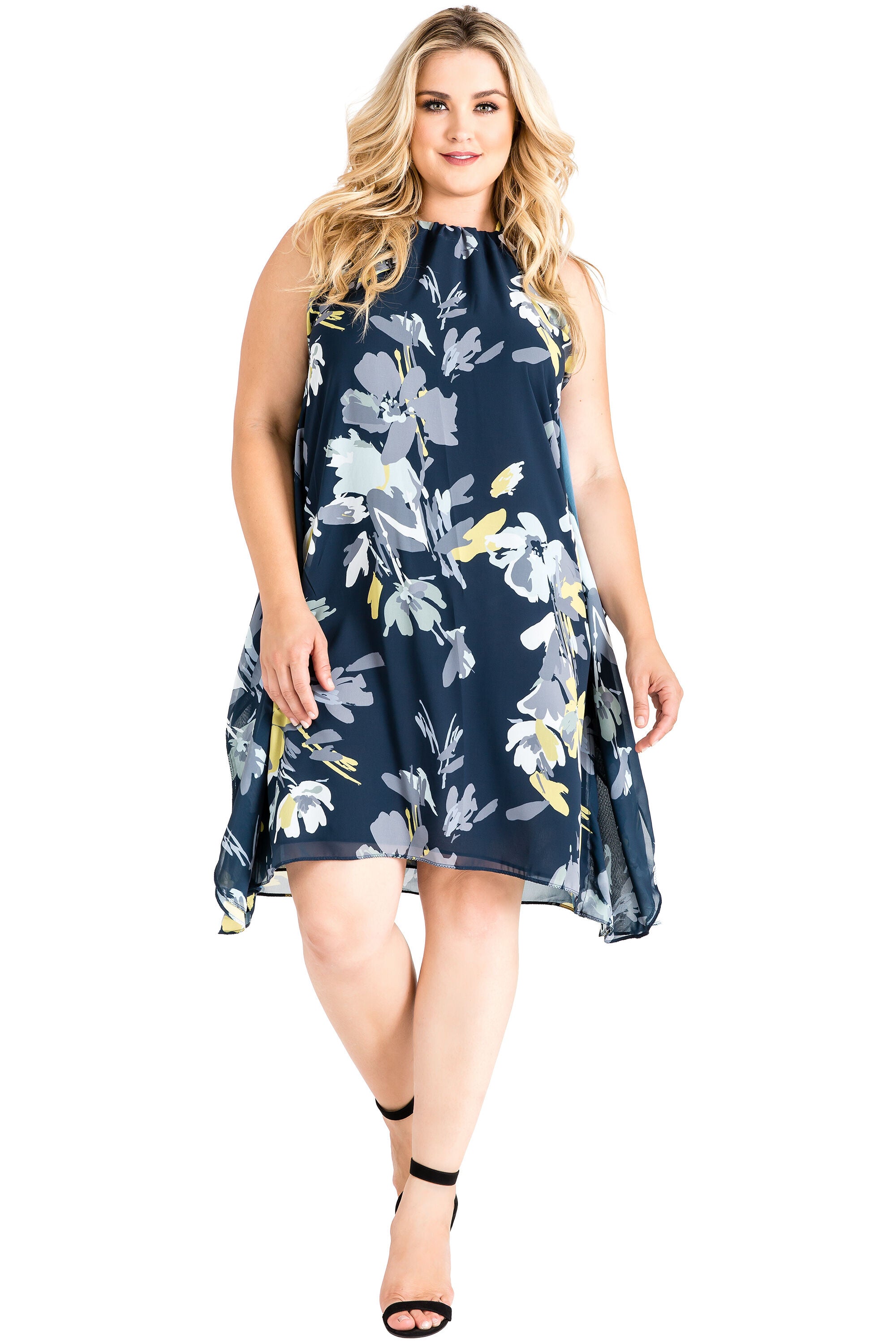 Plus Size Women's Choker Trapeze Chiffon Dress, Blue, hi-res image number 0