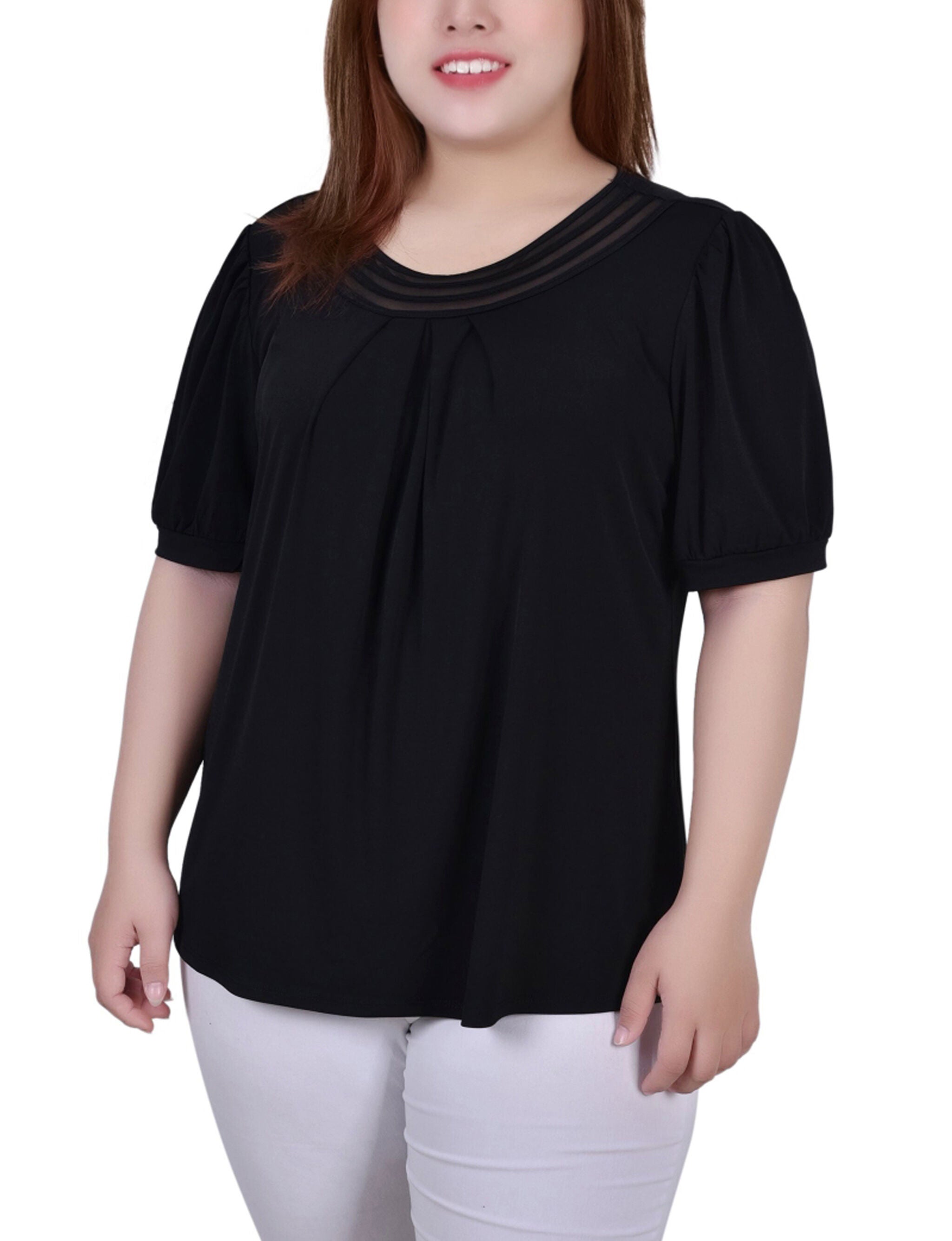 Short Sleeve Mesh Inset Top, Black, hi-res image number 0