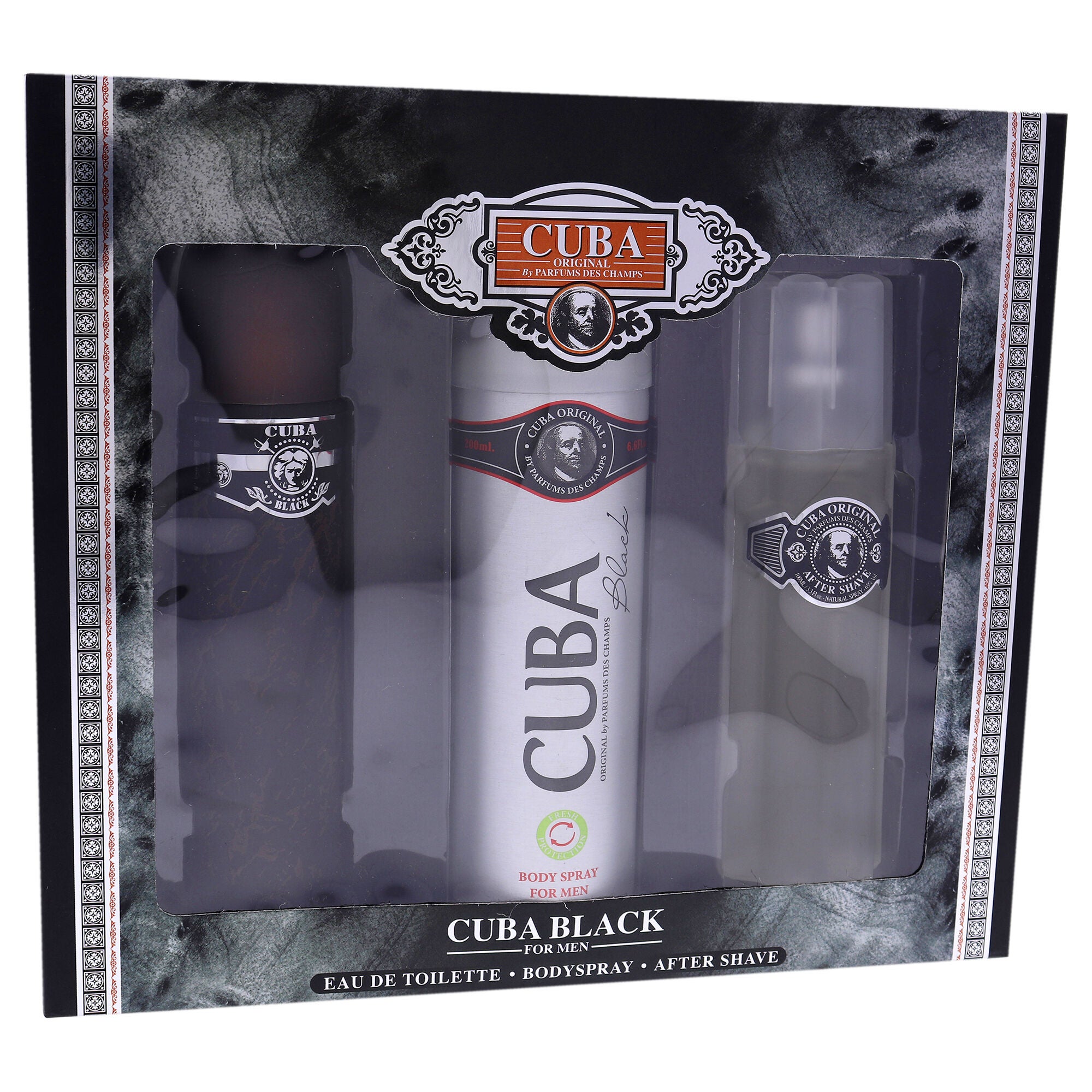 Cuba Black by Cuba for Men - 3 Pc Gift Set 3.3oz EDT Spray, 3.3oz After Shave, 6.7oz Body Spray, See Description, hi-res image number 0