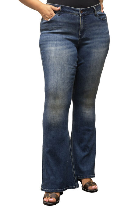 Plus Size Women's Curvy Fit Stretch Denim Distressed Flare Jeans, 2886 Wash, hi-res image number null