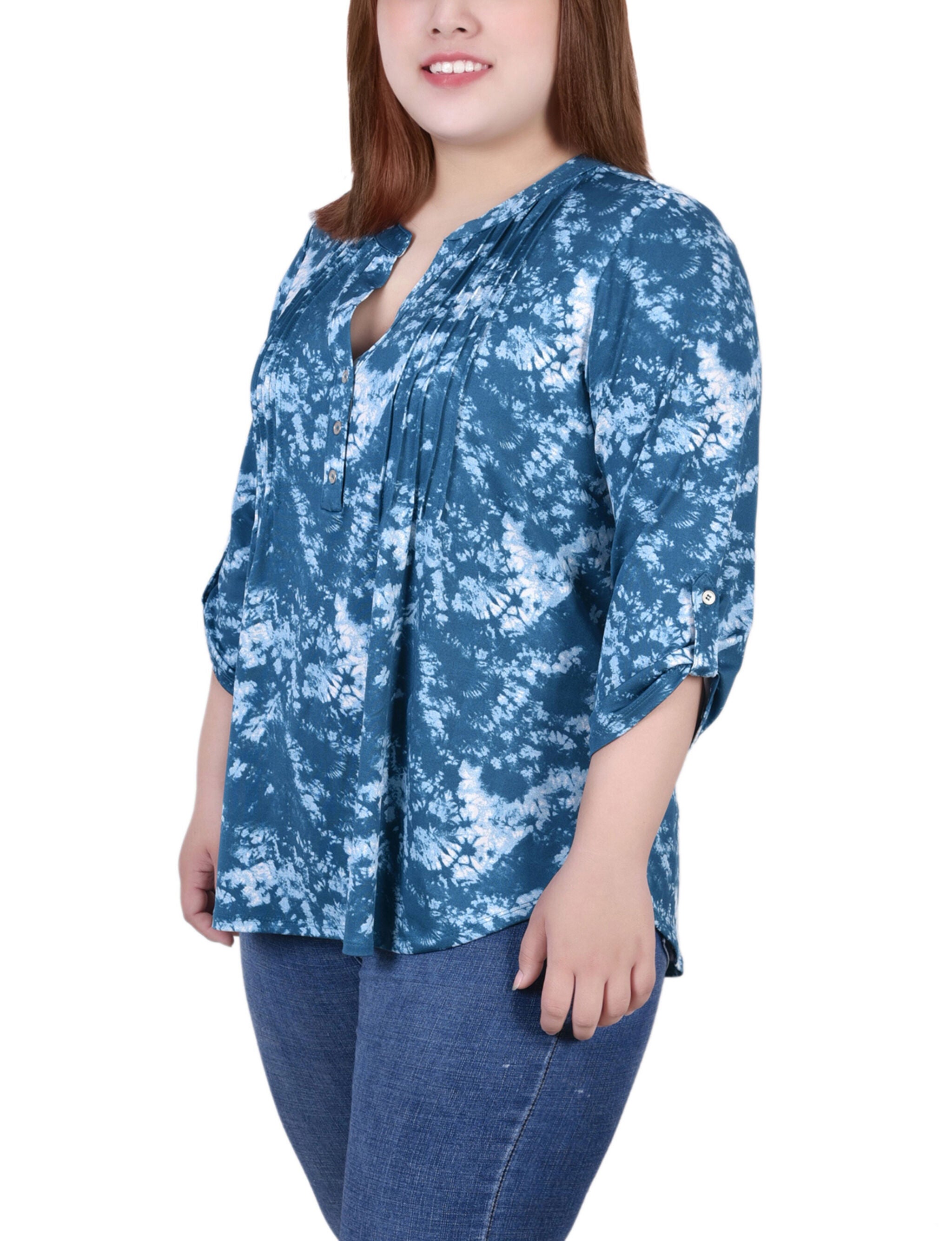 3/4 Bell Sleeve Pleat Front Y Neck Top, Peacock Blue Tiedye, alternate image number 1