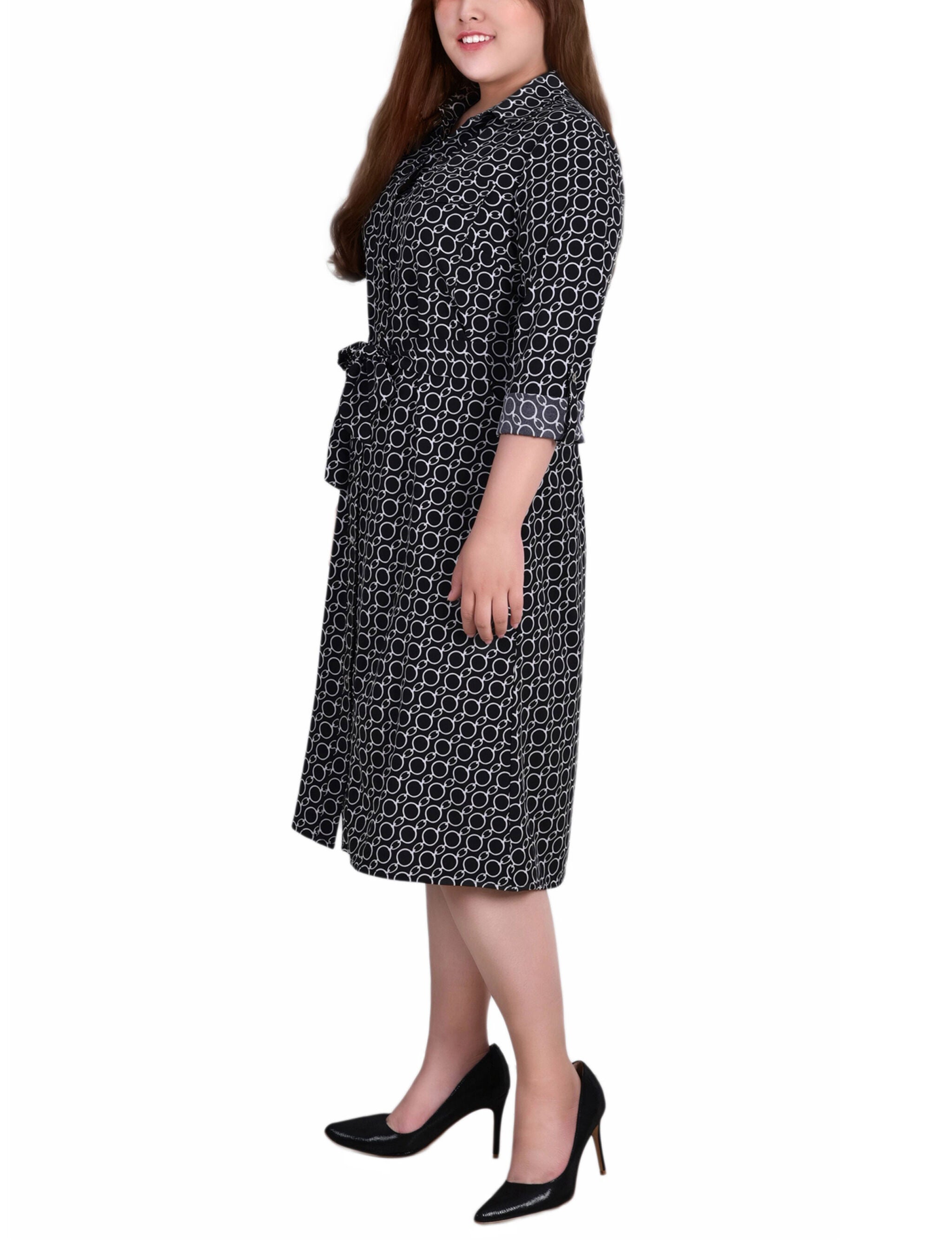3/4 Roll Tab Sleeve Belted Shirtdress, Black White Circle Chain, alternate image number 1