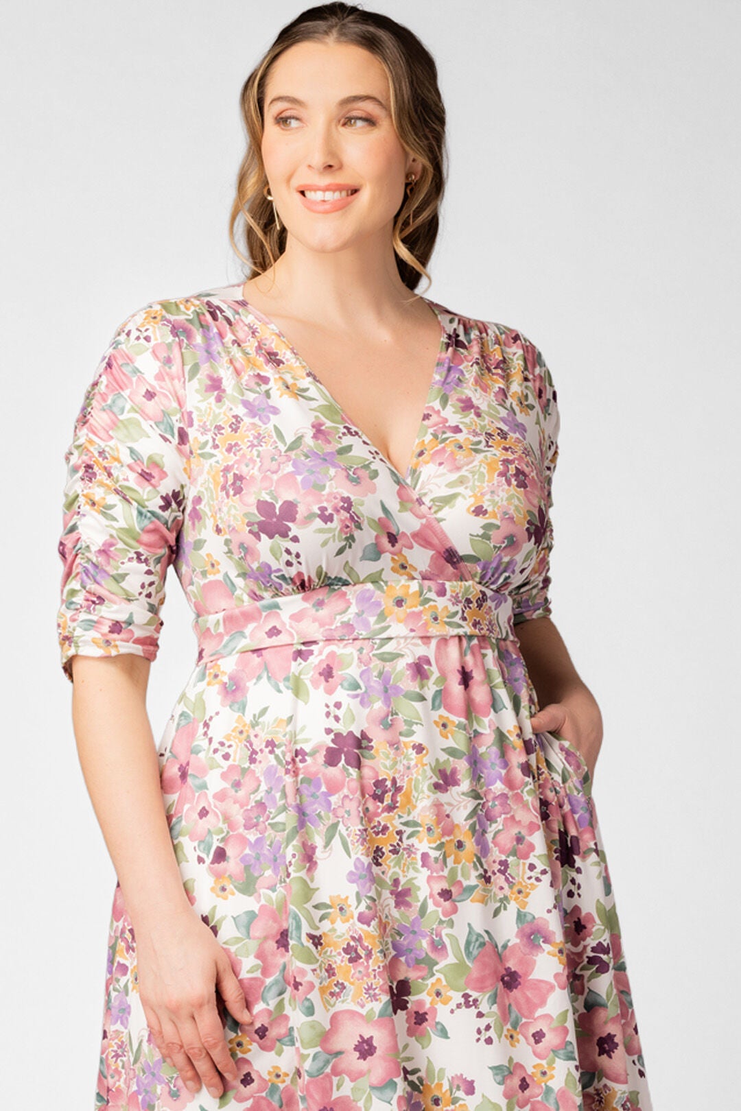 Gabriella Dress, Mauve Watercolor Bouquet / White, alternate image number 2