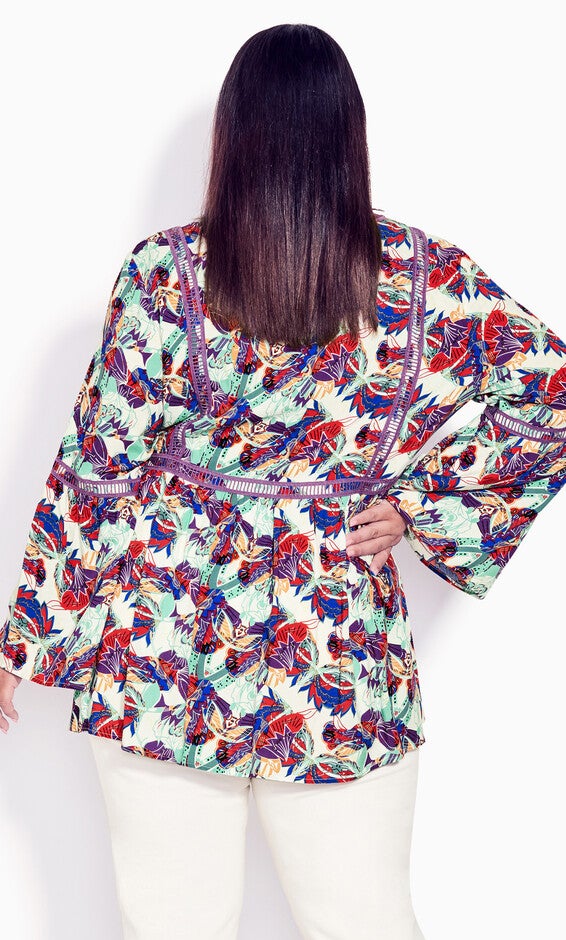 Boho Bell Sleeve Top - ivory abstract, , alternate image number 2
