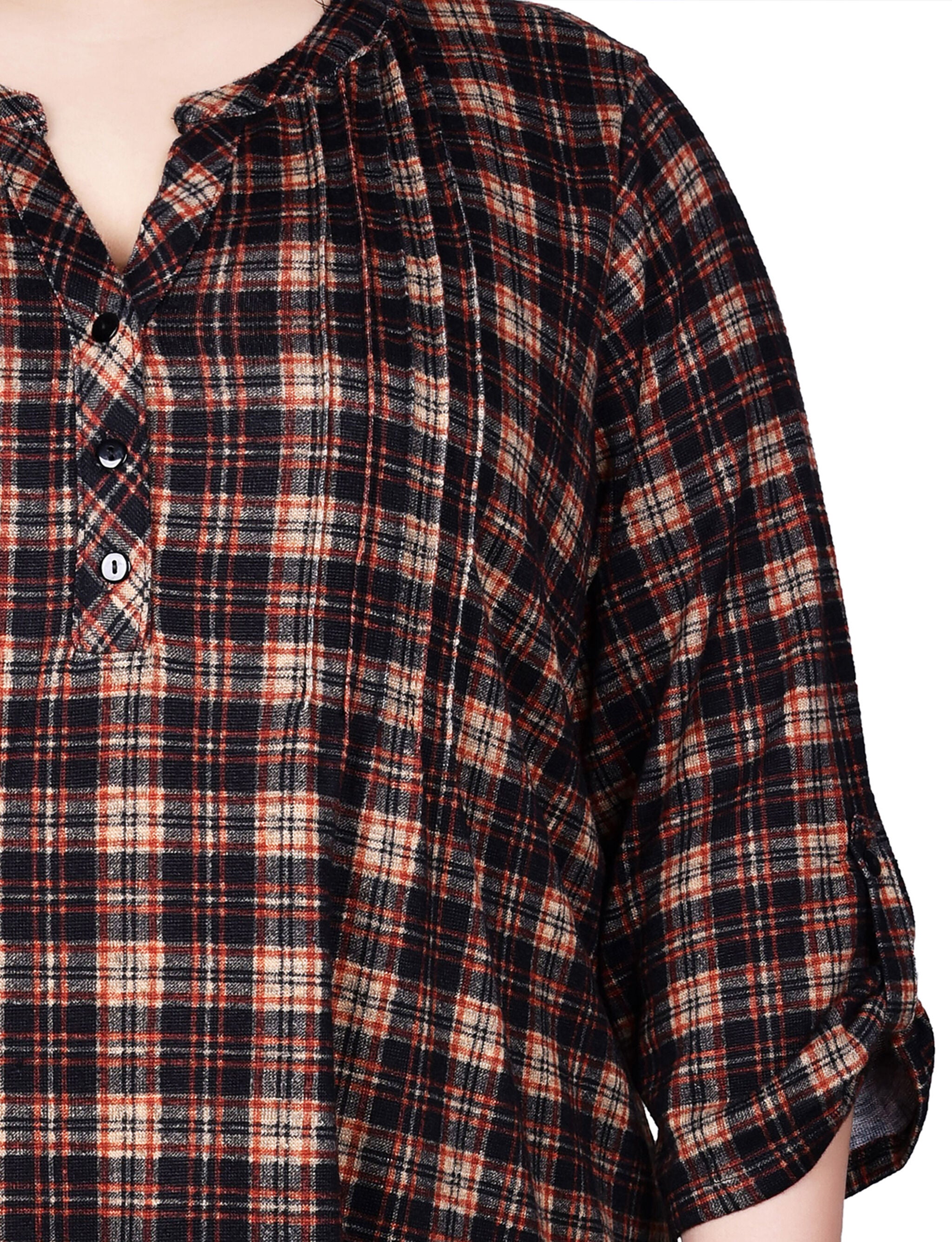3/4 Roll Sleeve Top, Nude Black Plaid / black, alternate image number 1