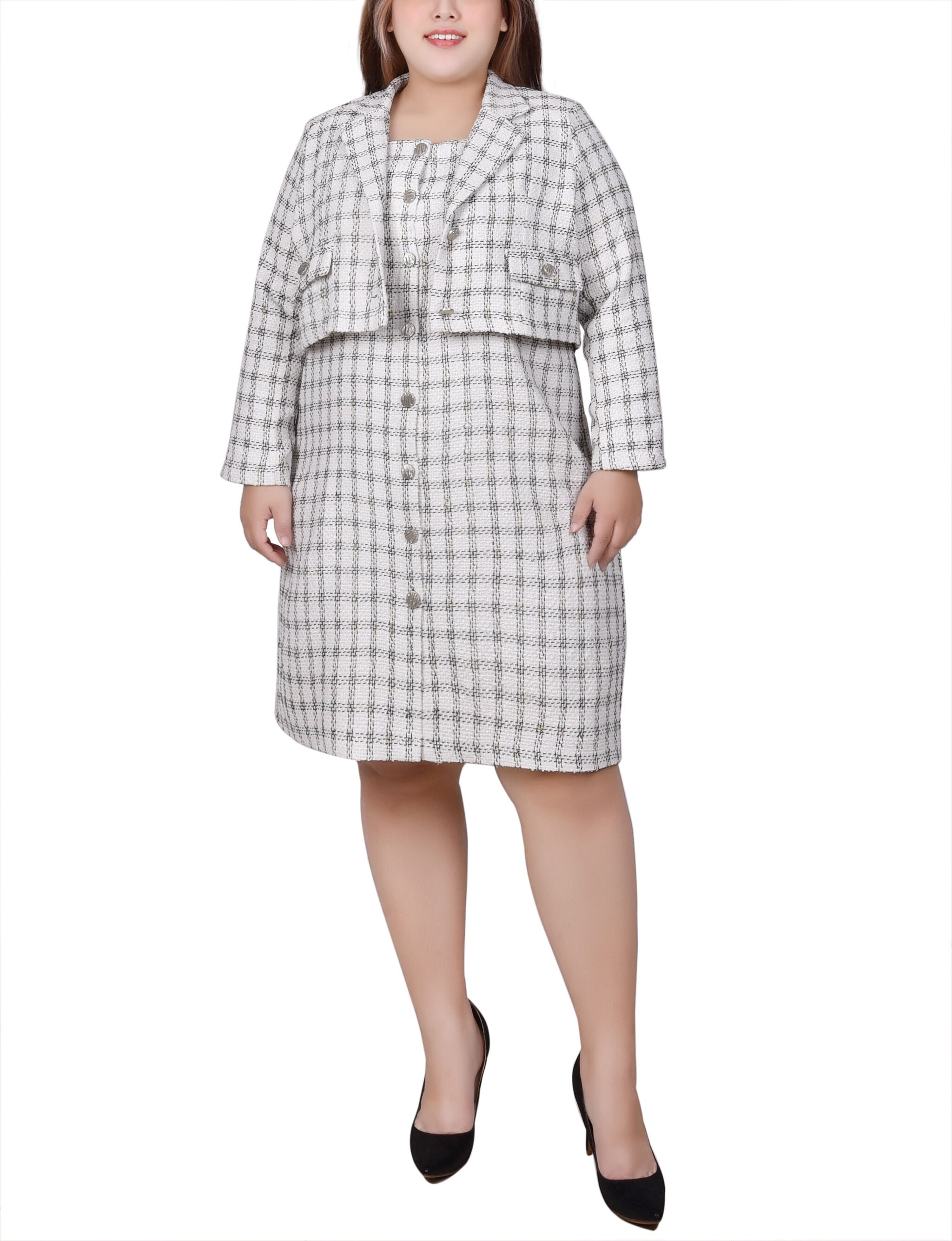 Long Sleeve Tweed Dress Set, Ivory Black Gold, hi-res image number 0