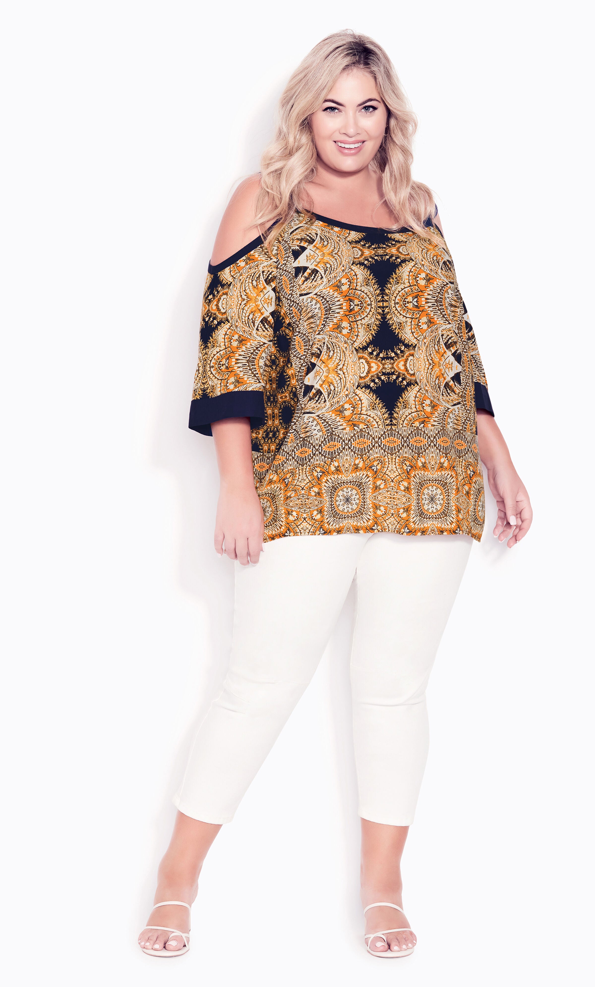 Daisy Cold Shoulder Border Top - gold, , alternate image number 1