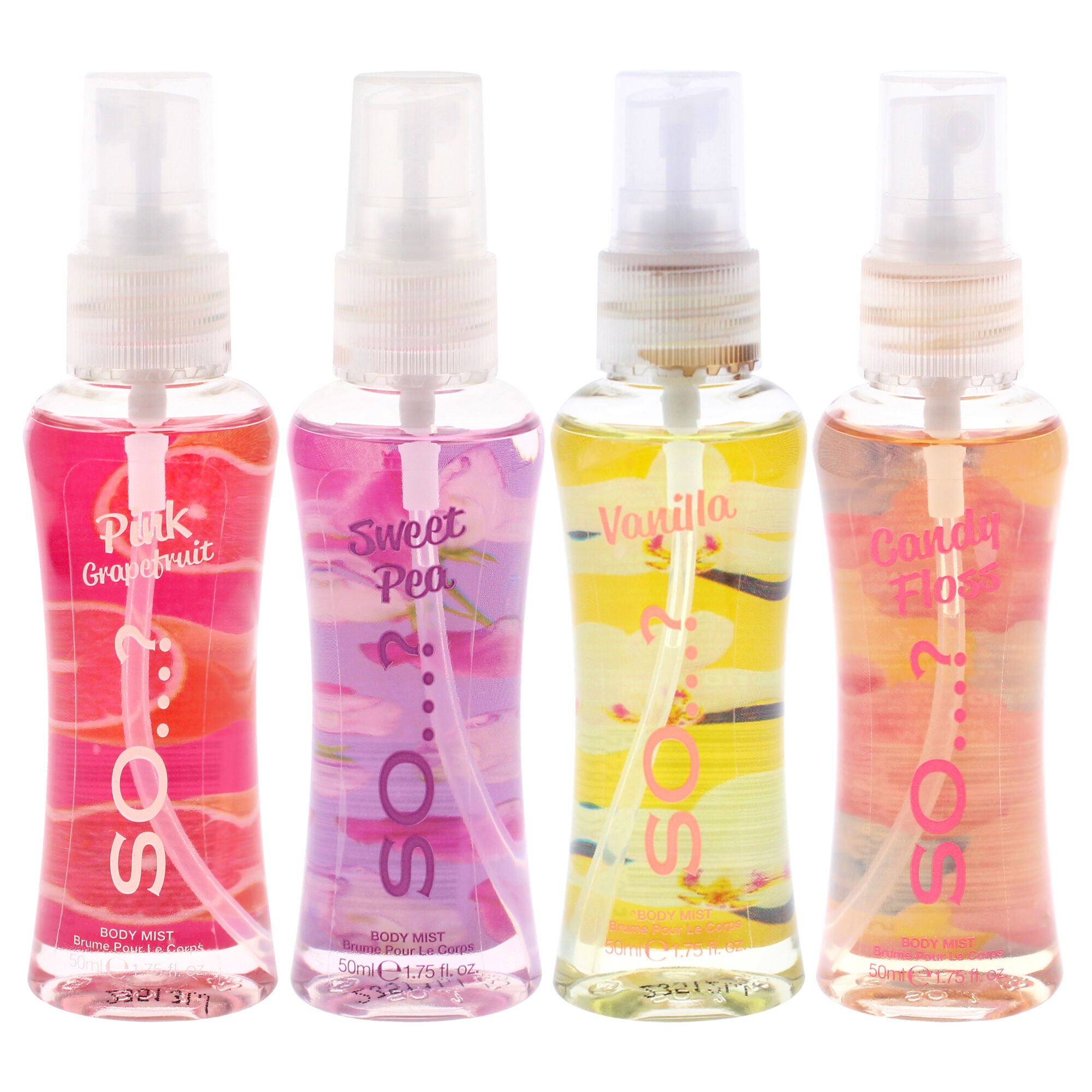 Body Mist Set by So?? - 4 Pc 1.7oz Body Mist - Pink Grapefruit, 1.7oz Body Mist - Sweet Pea, 1.7oz Body Mist - Vanilla, 1.7oz Body Mist - Candy Floss, See Description, alternate image number 1