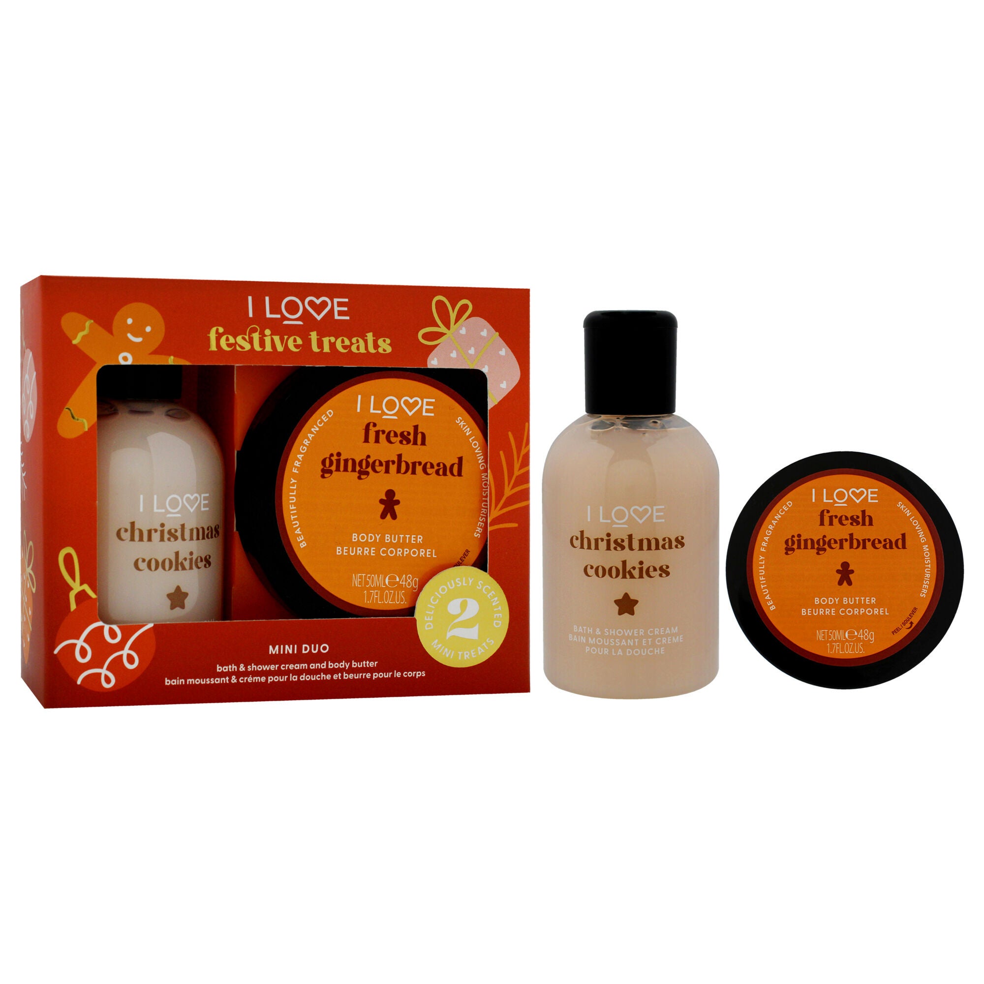 I Love Festive Treat Mini Duo by I Love Cosmetics for Unisex - 2 Pc 3.3oz Christmas Cookie Bath and Shower Creme, 1.7oz Fresh Gingerbread Body Butter, See Description, alternate image number 2