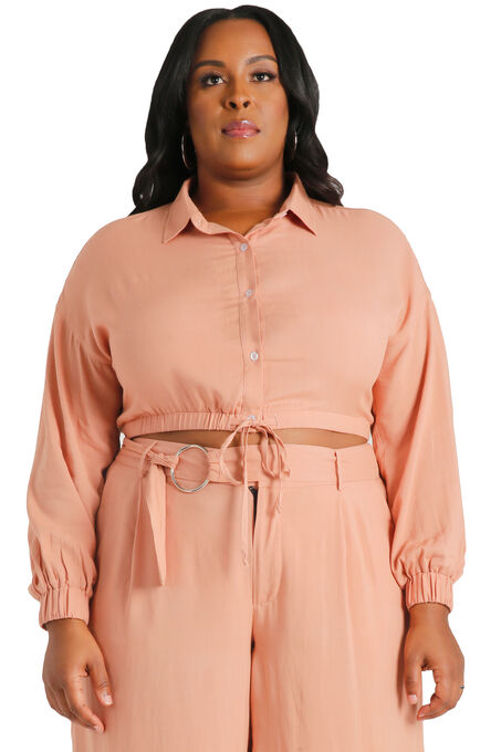 Plus Size Curvy Women's Solid Rayon Challis Cropped Button Down Tie Front Shirt, Beige, hi-res image number null