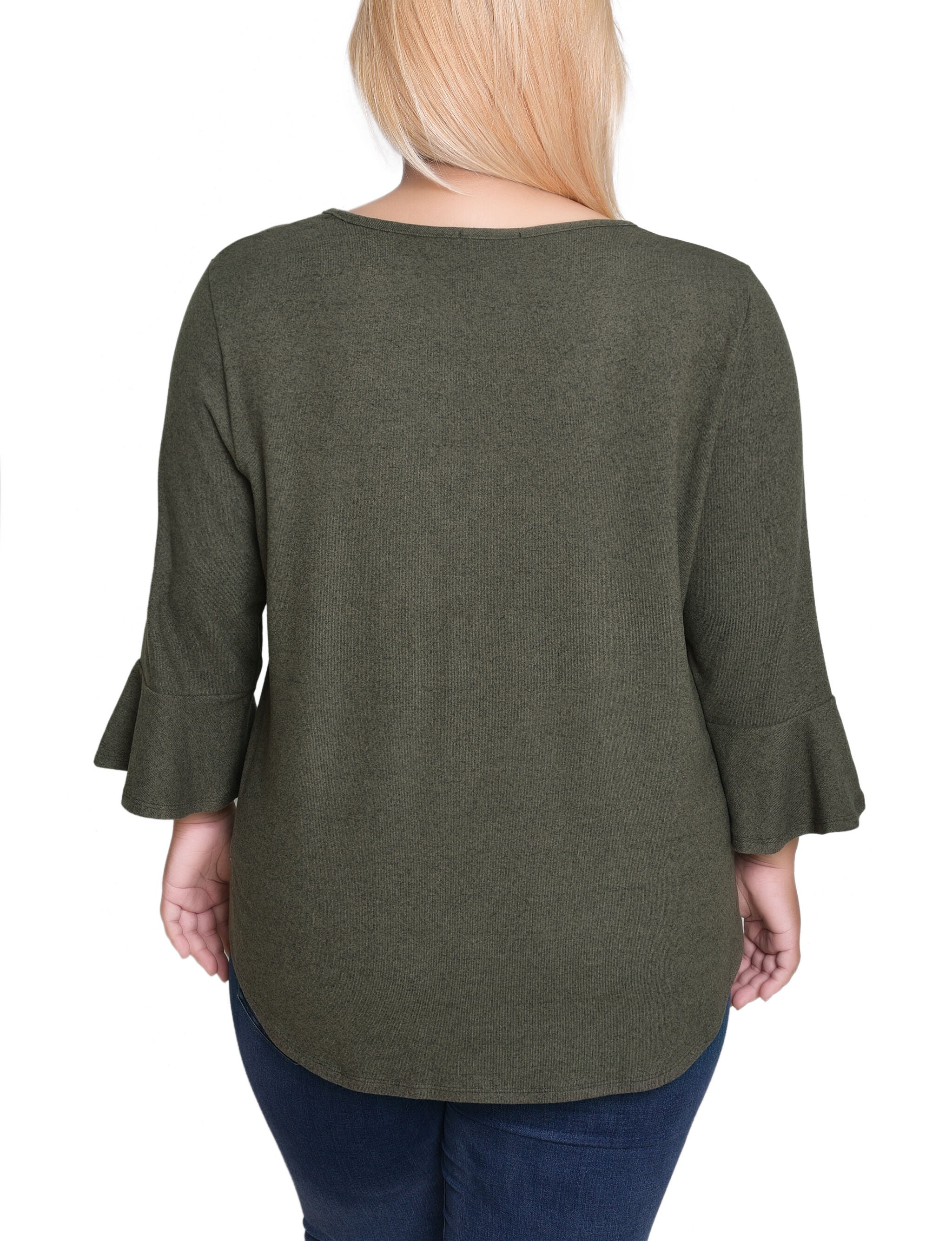 Plus Size 3/4 Bell Sleeve Top With Hardware, Hunter Green, alternate image number 3