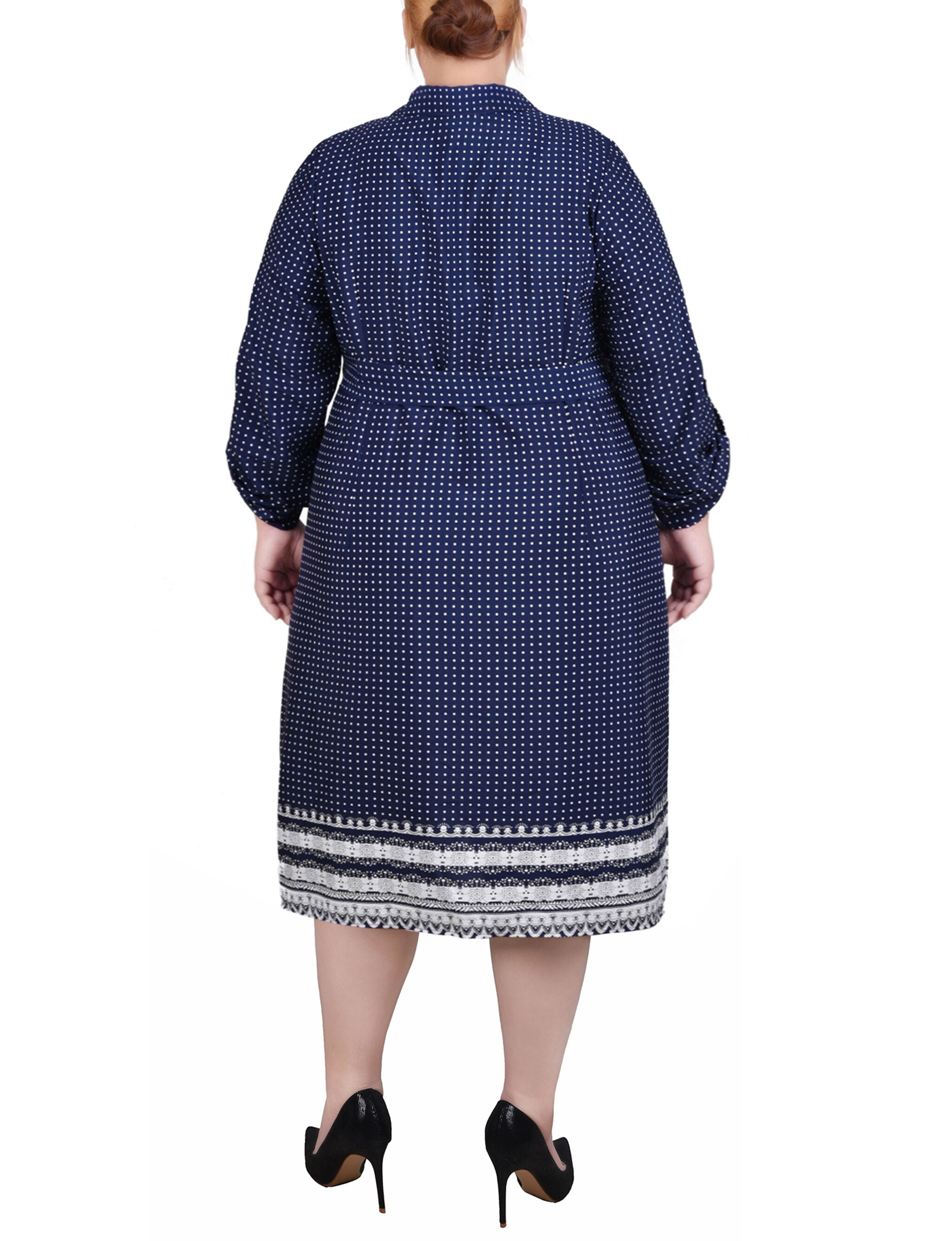 3/4 Roll Tab Sleeve Belted Shirtdress, Navy Border, alternate image number 2