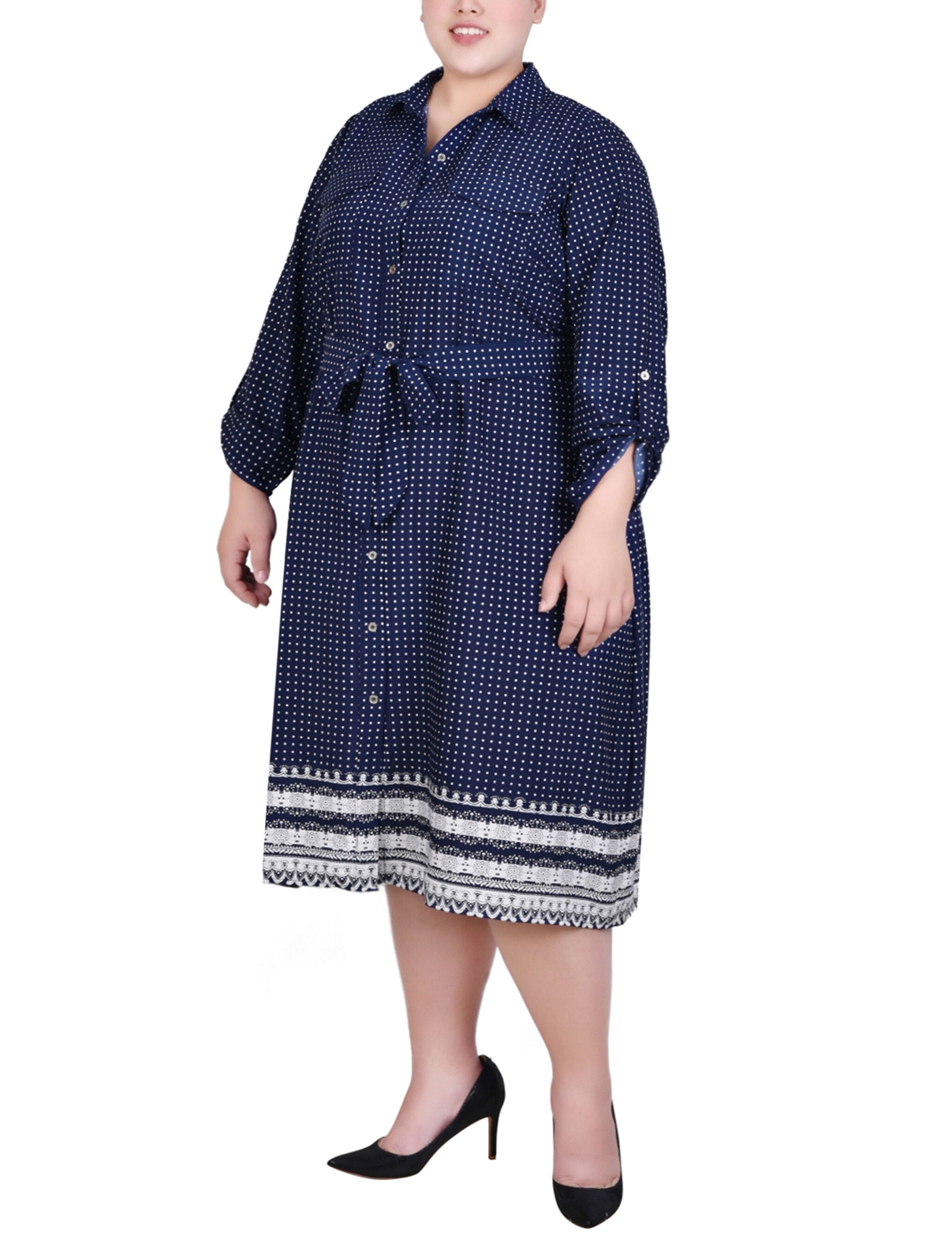 3/4 Roll Tab Sleeve Belted Shirtdress, Navy Border, alternate image number 1