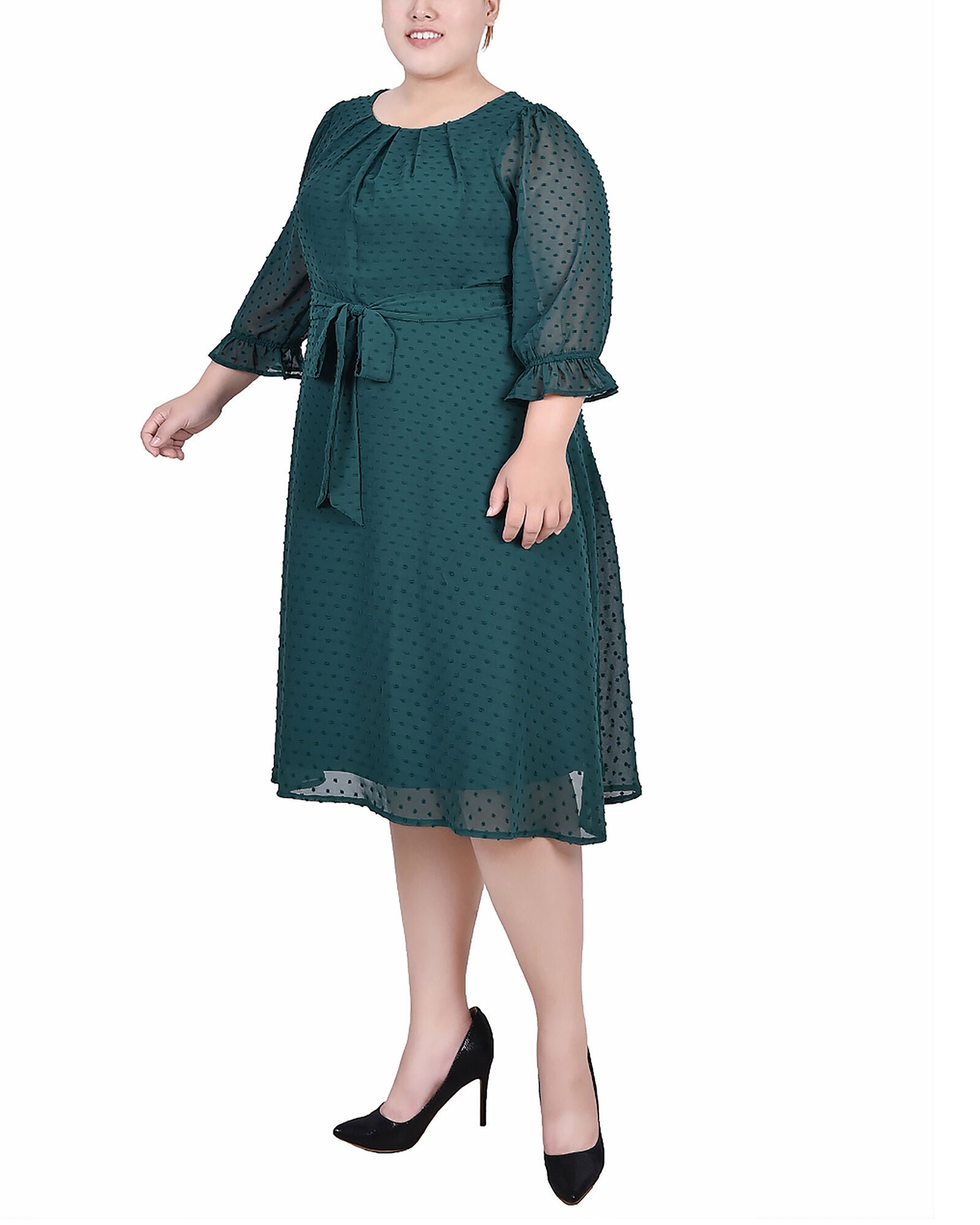 3/4 Sleeve Belted Swiss Dot Dress, , alternate image number 4