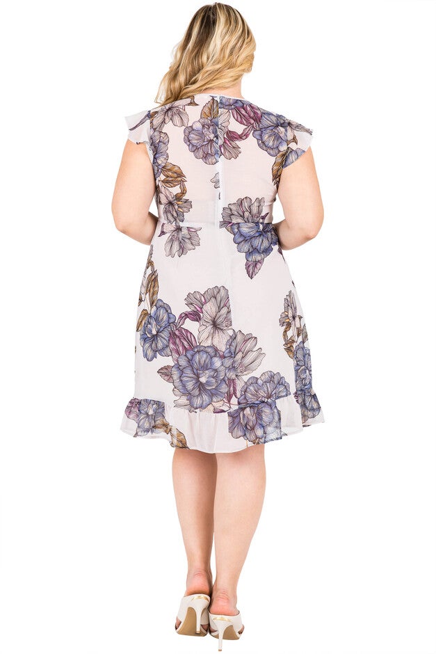 Plus Size Women's Grey Floral Chiffon Mini Ruffle Dress, , alternate image number 1