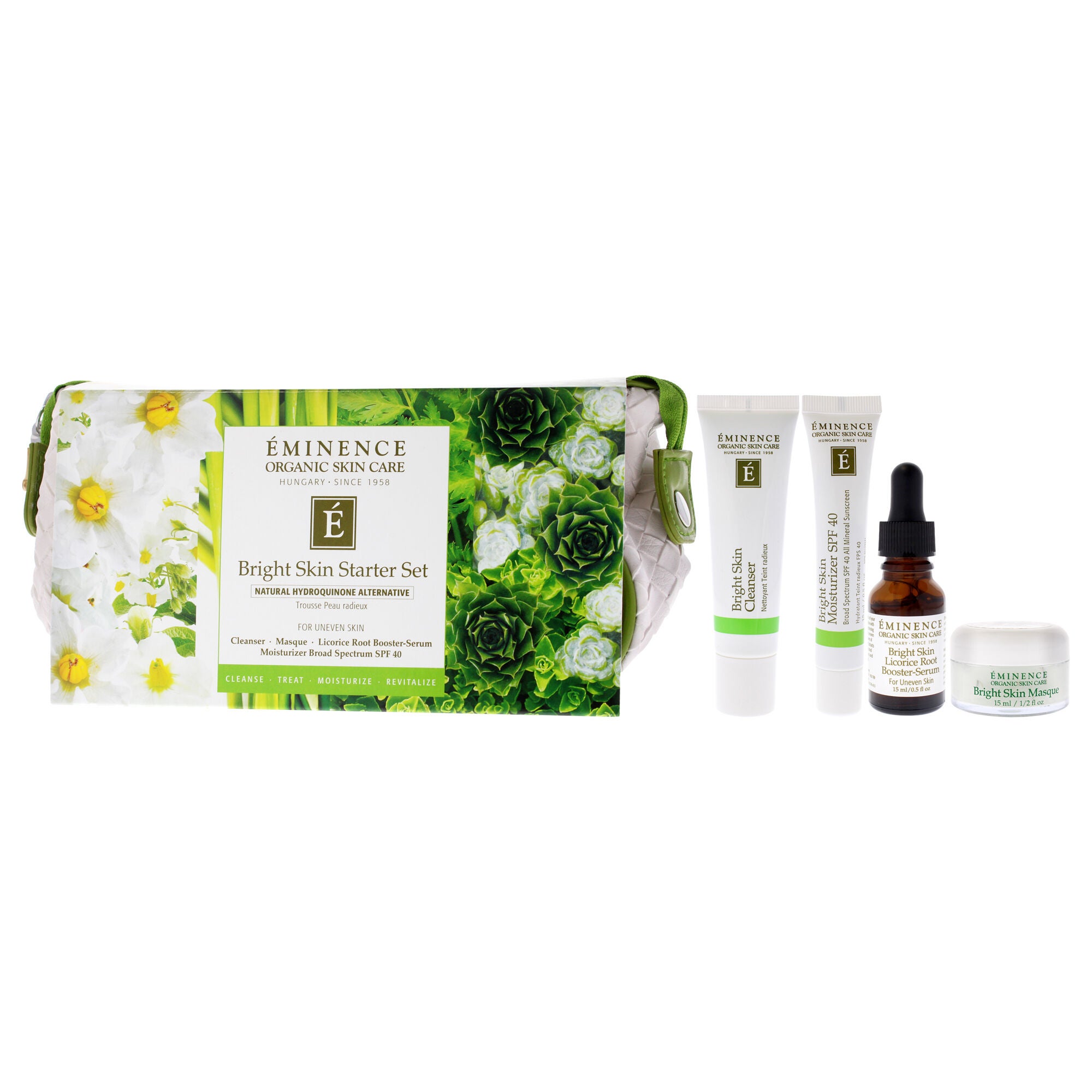Bright Skin Starter Set by Eminence for Unisex - 5 Pc 1oz Bright Skin Cleanser, 0.5oz Bright Skin Masque, 0.5oz Bright Skin Licorice Root Booster-Serum, 0.5oz Bright Skin Moisturizer SPF 40, Cosmetic Bag, Multi, alternate image number 3