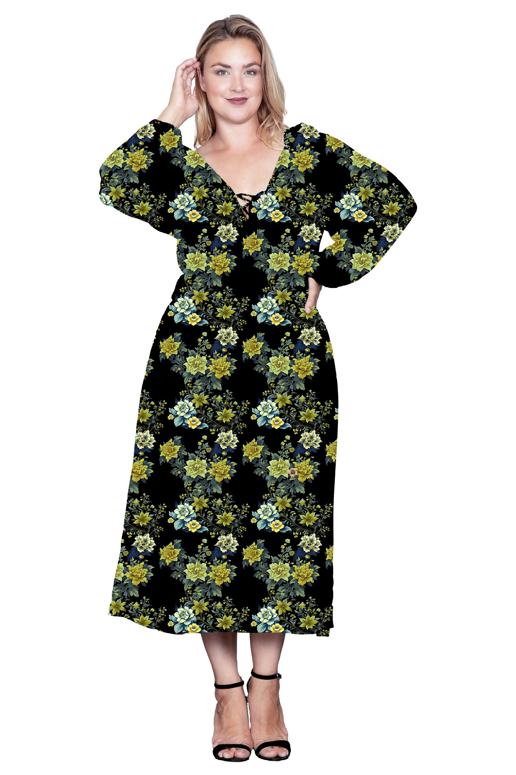 Floral-Print Sheer Sleeve Midi Dress, Blackabstract / Black, alternate image number 3