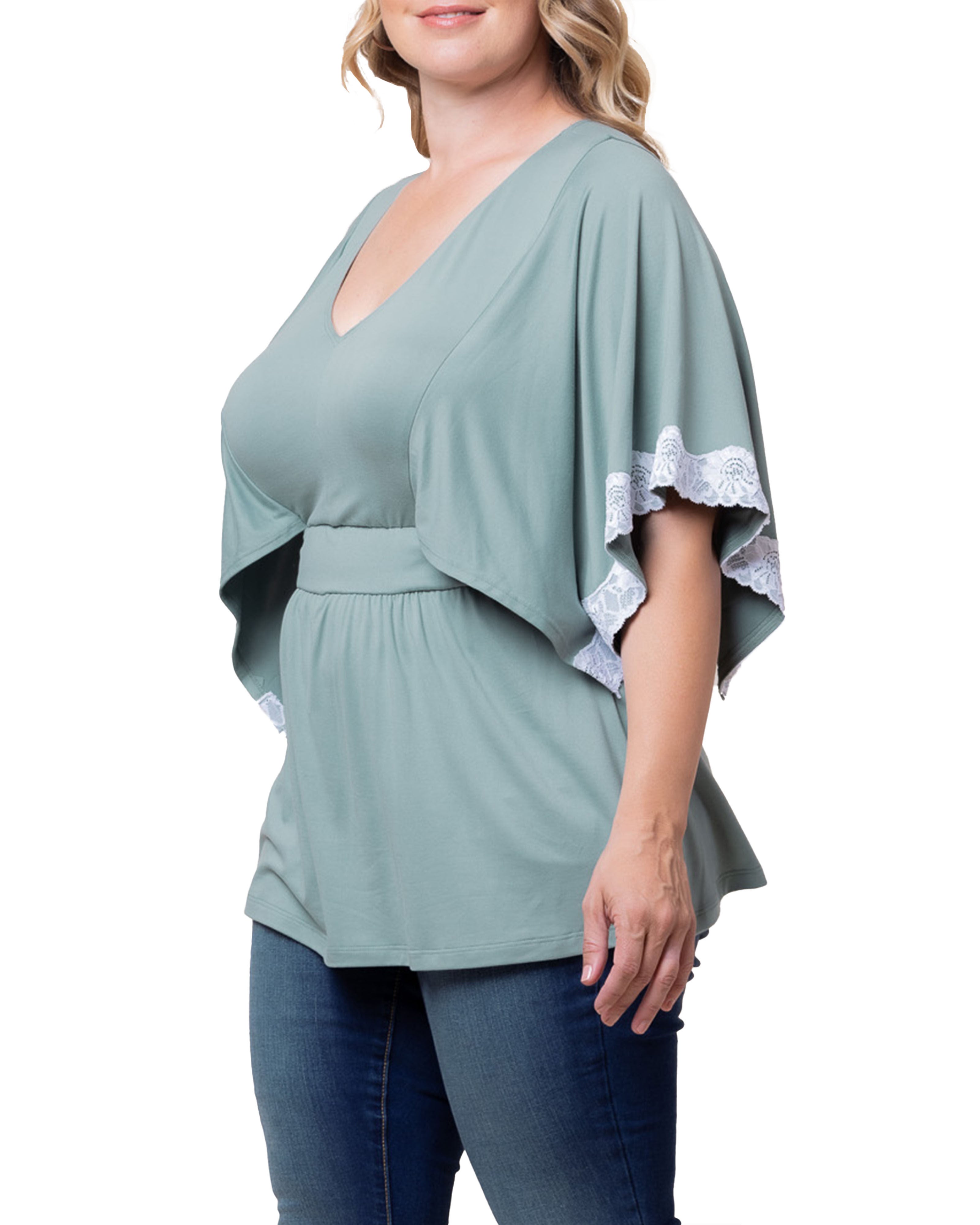 Sarah Lace Trim V-Neck Top, THYME / Sage Green, alternate image number 3