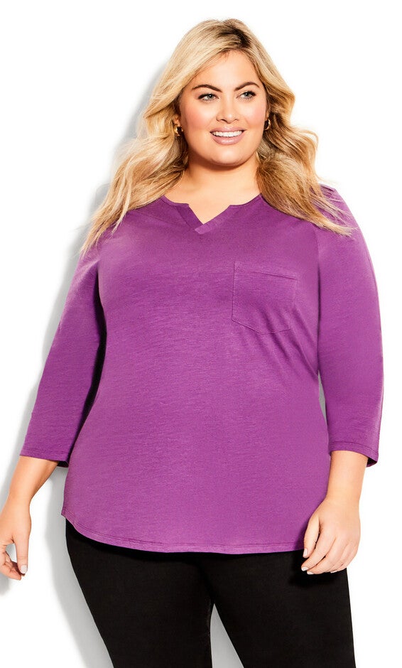 Notch Neck 3/4 Sleeve Plain Tee - deep lilac, Purple, hi-res image number 0