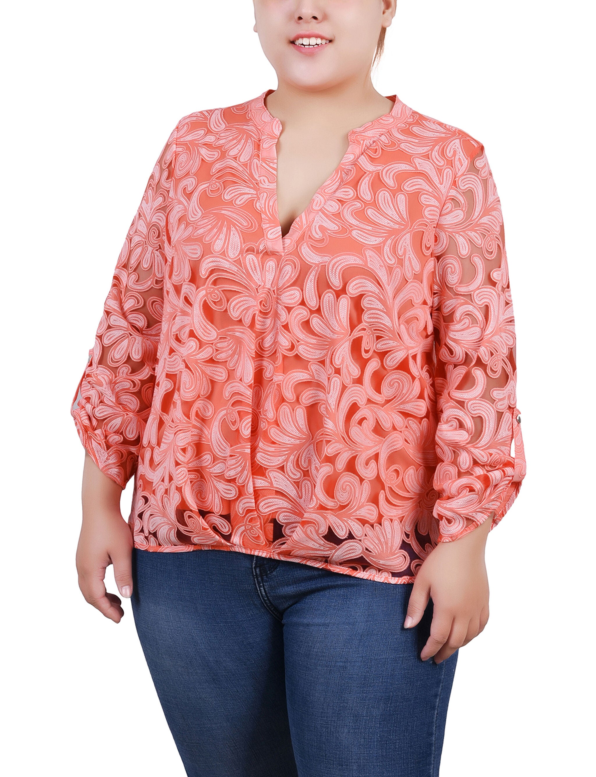 Long Sleeve Burnout Y Neck Blouse, Klee Coral Scrolleaf, hi-res image number 0