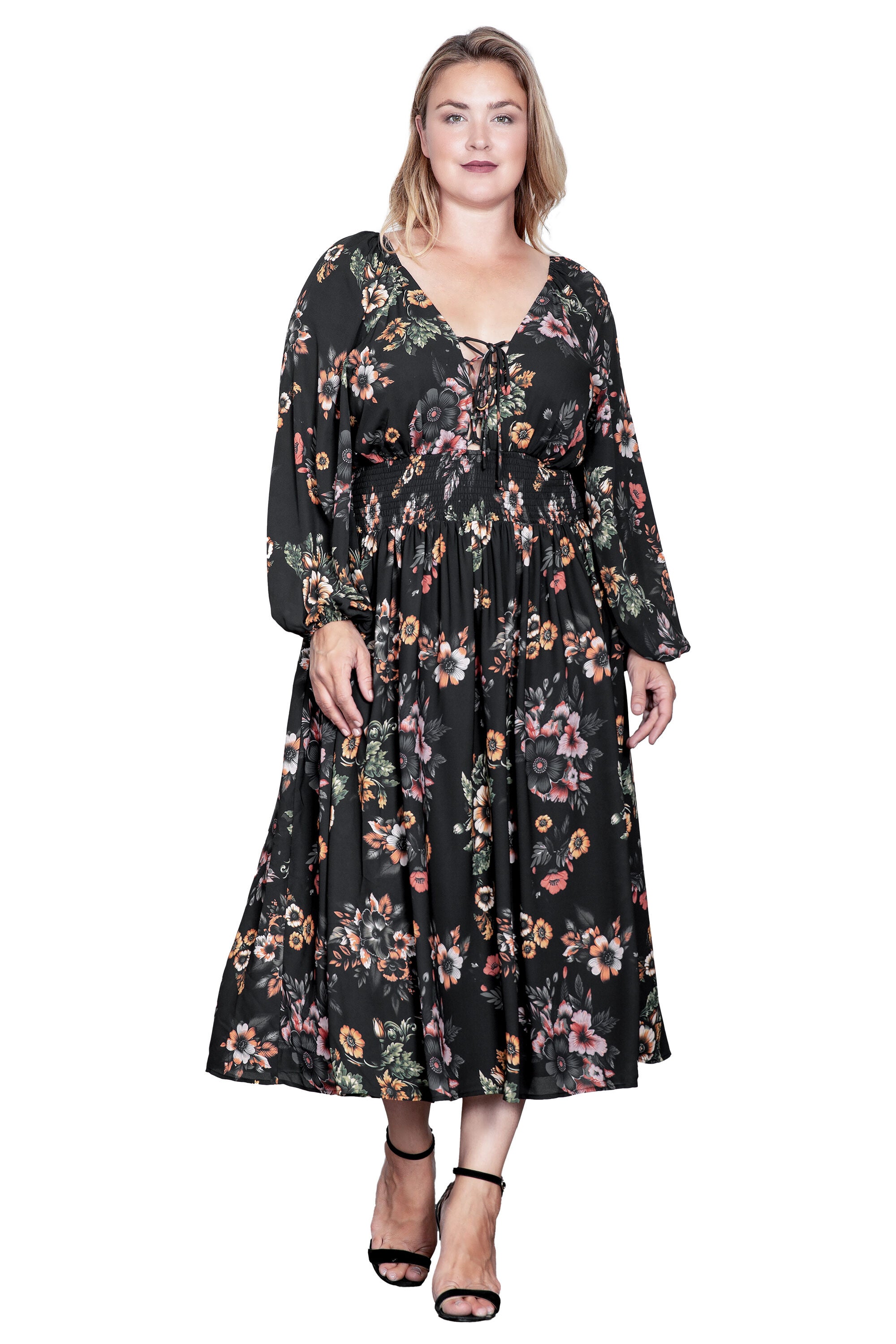 Floral-Print Sheer Sleeve Midi Dress, Rusty Floral Black / Black, hi-res image number 0