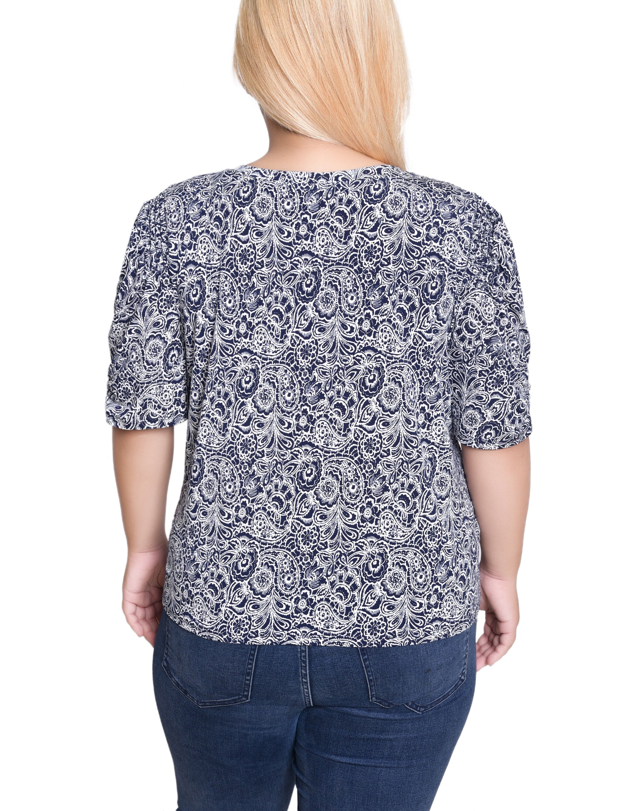 Short Sleeve Scoop Neck Top, Navy Paisley, alternate image number 2