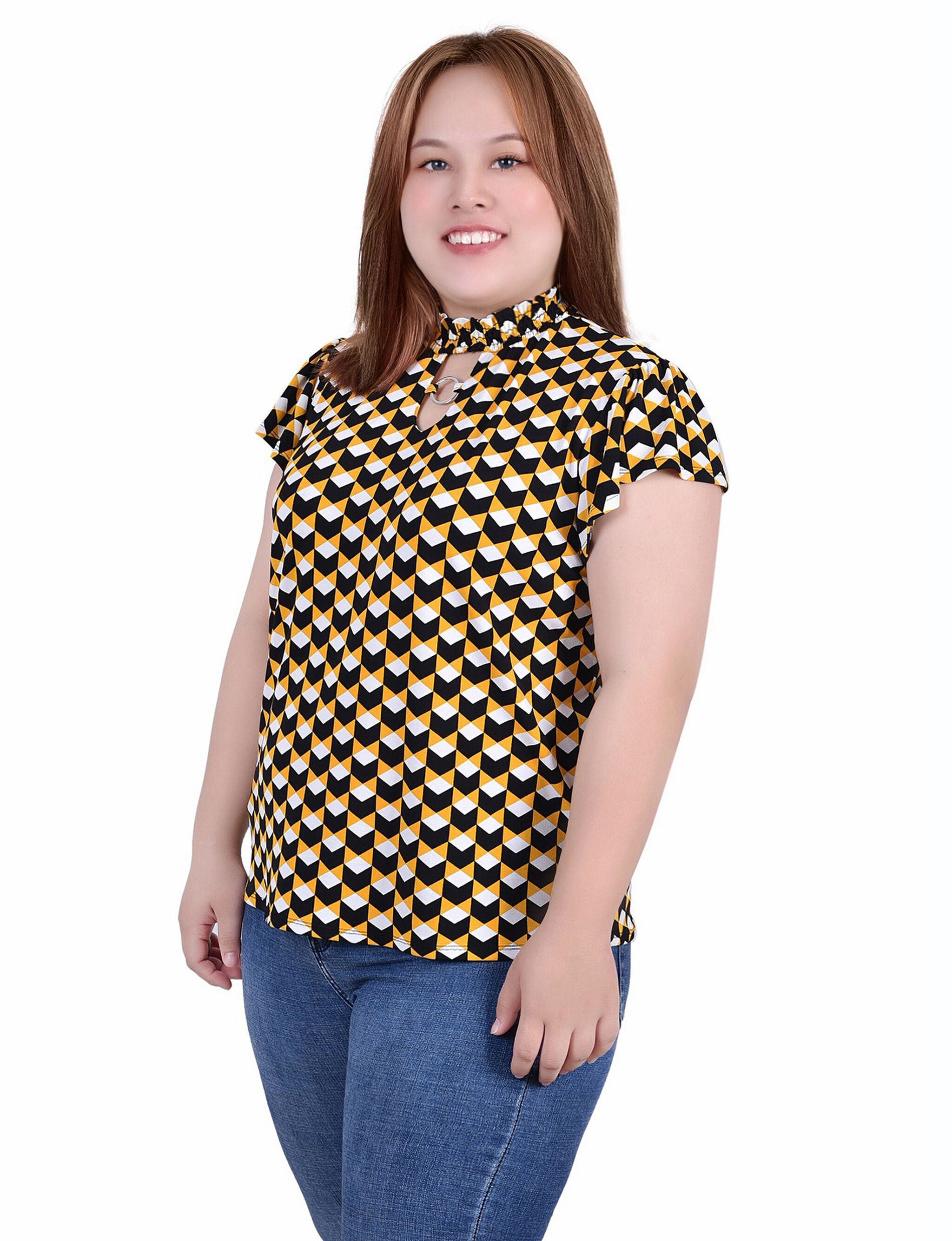 Short Flutter Sleeve Mock Neck Top, Golden Black Cube, alternate image number 1