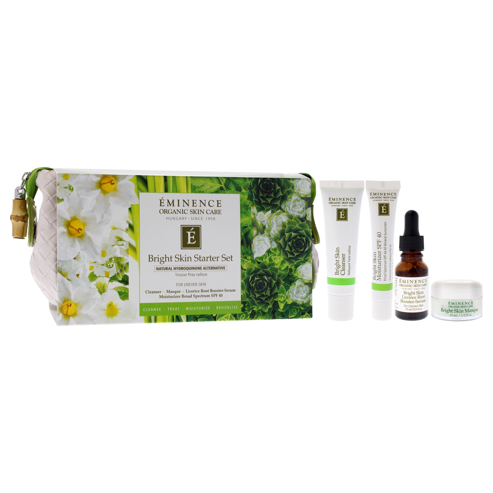 Bright Skin Starter Set by Eminence for Unisex - 5 Pc 1oz Bright Skin Cleanser, 0.5oz Bright Skin Masque, 0.5oz Bright Skin Licorice Root Booster-Serum, 0.5oz Bright Skin Moisturizer SPF 40, Cosmetic Bag, Multi, alternate image number 2