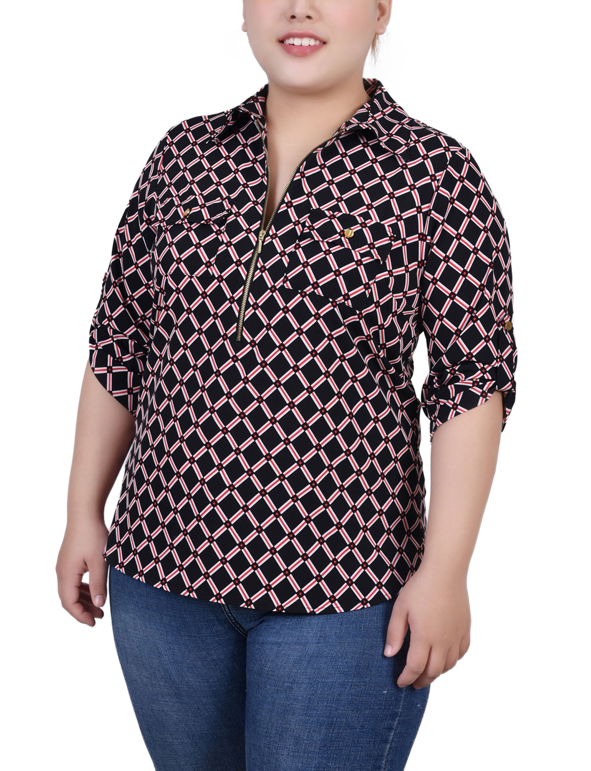 3/4 Roll Tab Sleeve Zip Front Top, Black Red Chain, hi-res image number 0