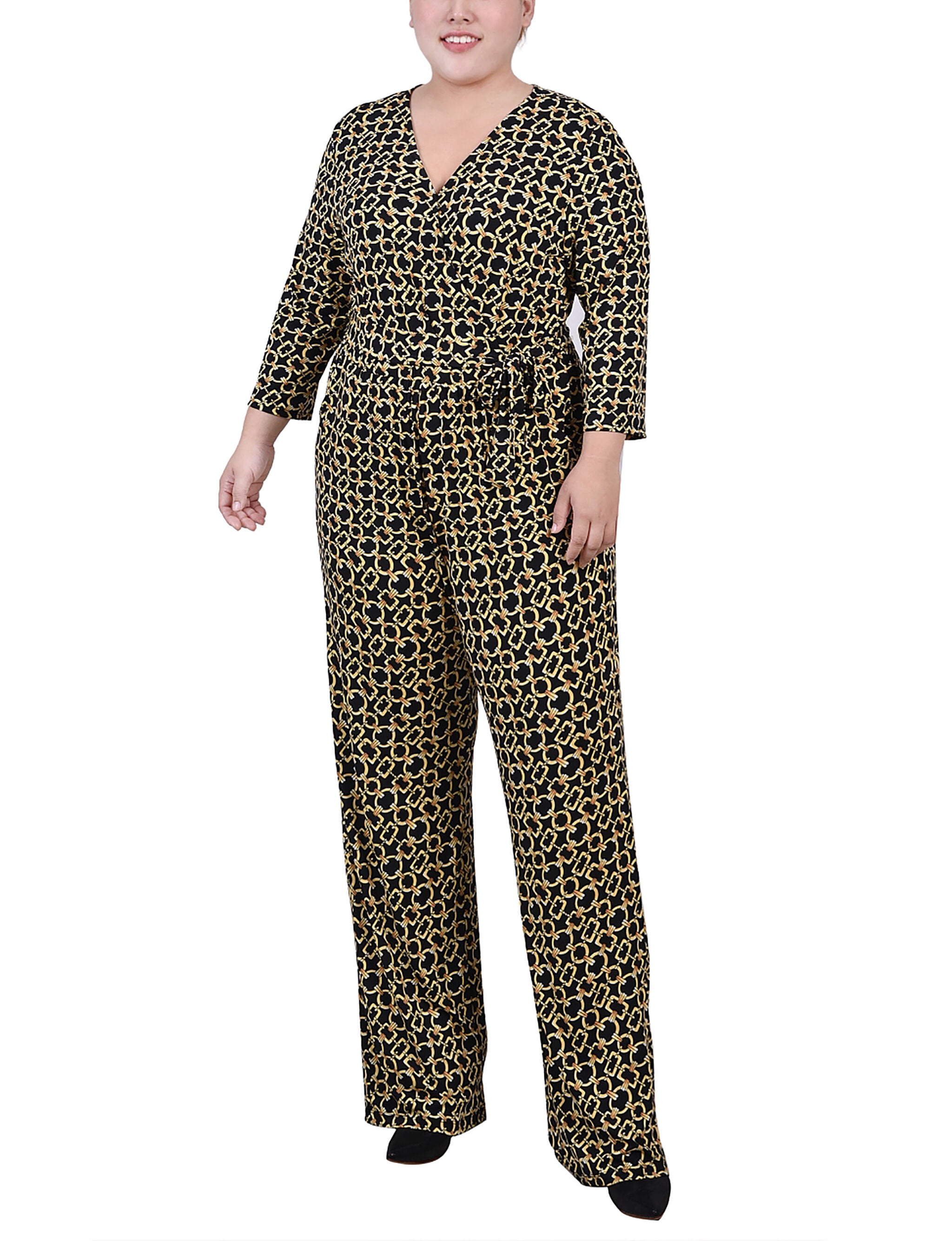 3/4 Sleeve Belted Jumpsuit, Black Gold Chain Link, hi-res image number 0