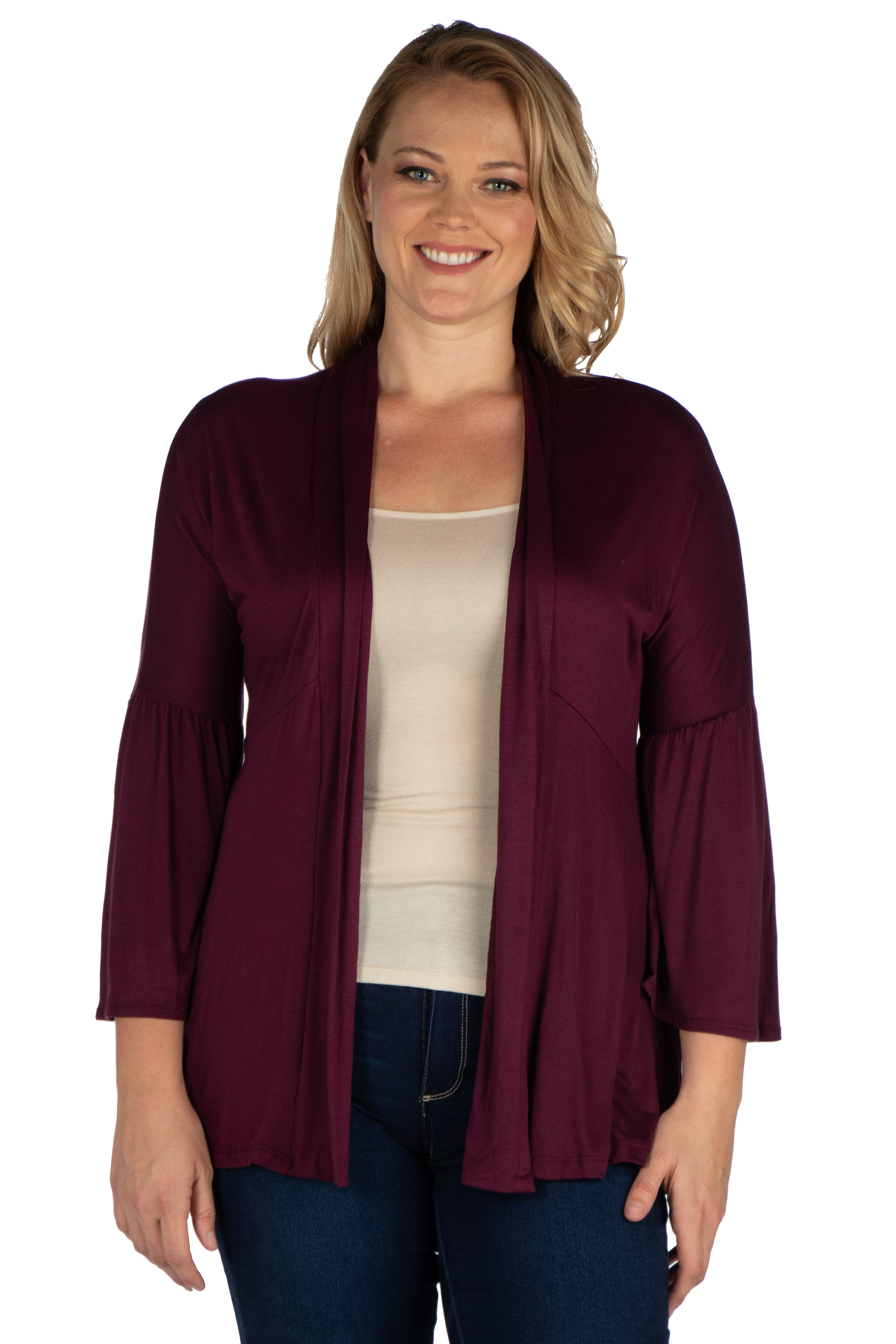 Bell Sleeve Flared Open Front Plus Size Cardigan, Plum, hi-res image number 0