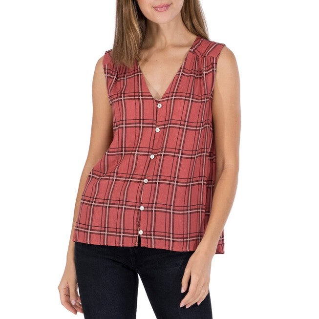 Button Front Plaid Tank, Rust Plaid, hi-res image number null