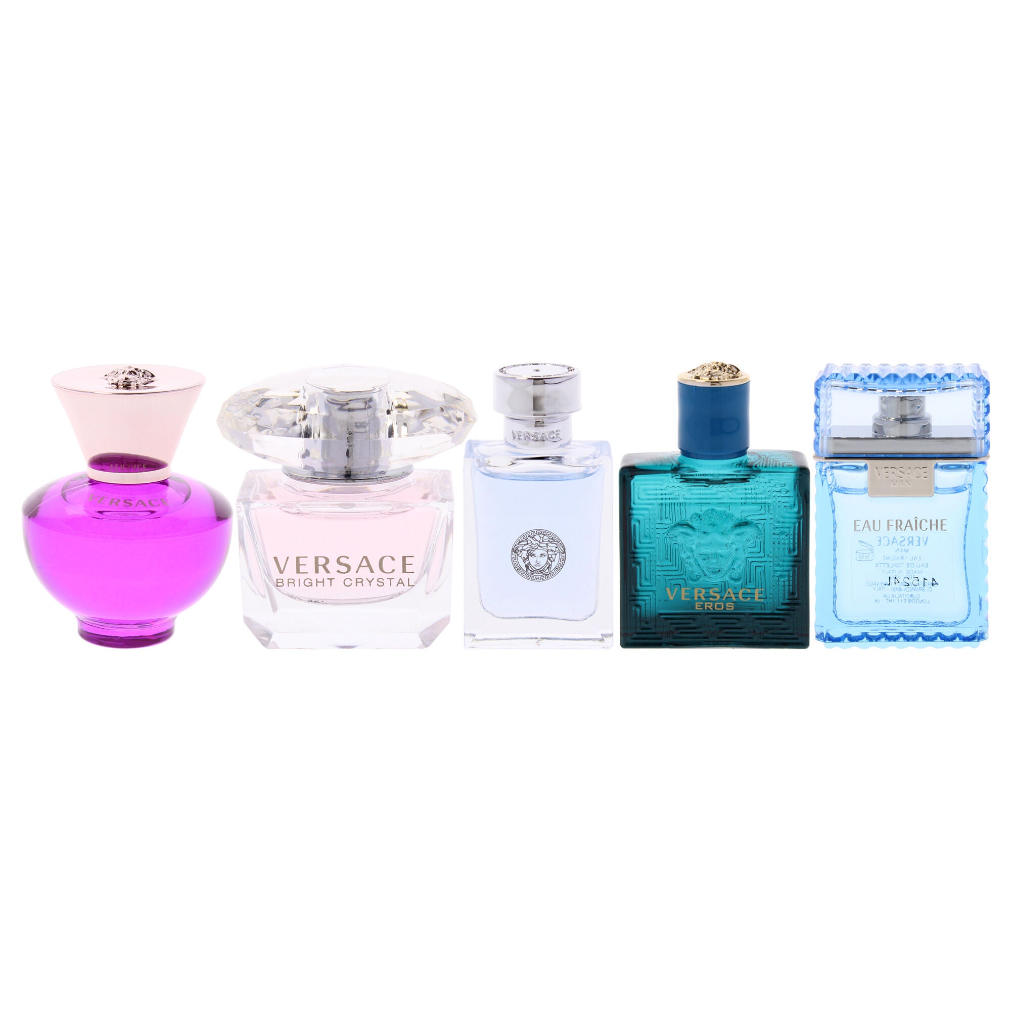 Versace Miniatures Collection by Versace for Unisex - 5 Pc Mini Gift Set 0.17oz Versace Dylan Purple EDP Splash, 0.17oz Versace Bright Crystal EDT Splash, 0.17oz Versace EDT Splash, 0.17oz Versace Pour Homme EDT Splash, 0.17oz Versace Eros EDT Splash, Clear, alternate image number 1