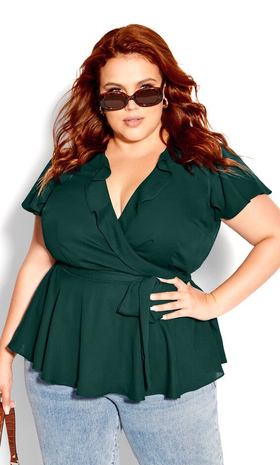 Wrap Frills Top - jade, Green, hi-res image number 0
