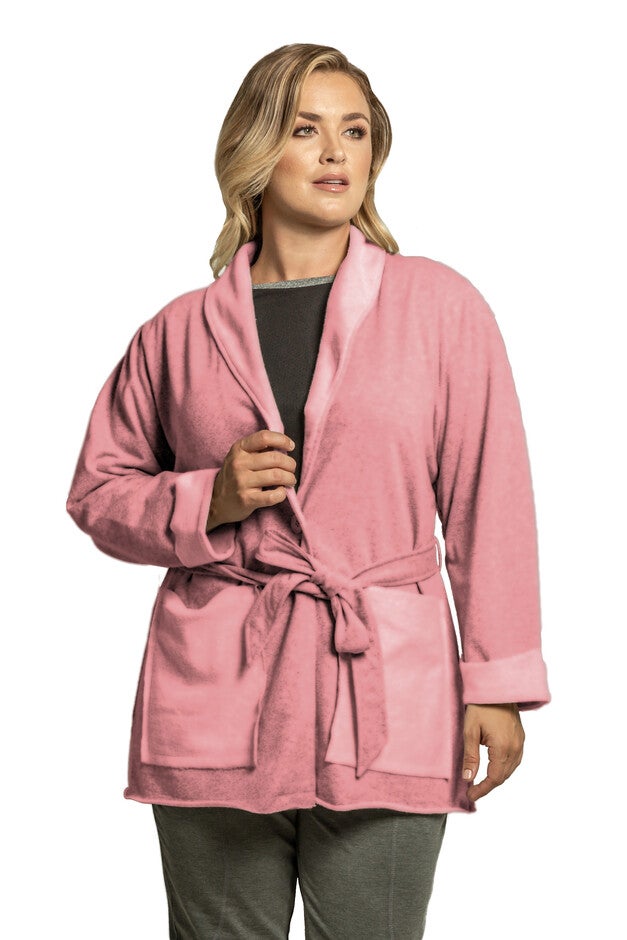 Plus Size Reverse Trim Shawl Collared Self Tie Cardigan, Dark Rose, hi-res image number null