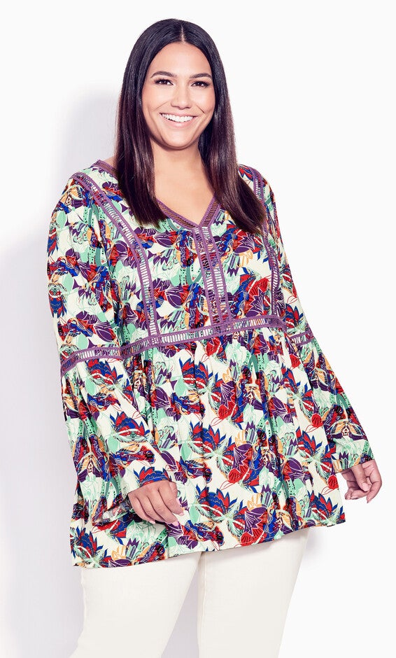 Boho Bell Sleeve Top - ivory abstract, White, hi-res image number 0