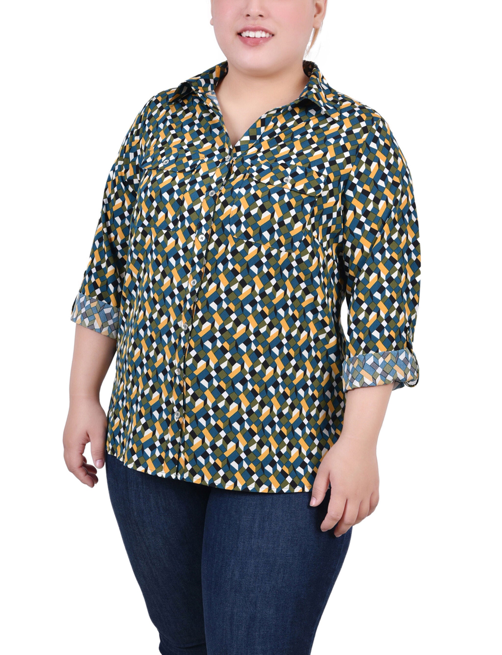3/4 Roll Tab Blouse With Pockets, Deep Teal Banana Cube, hi-res image number 0