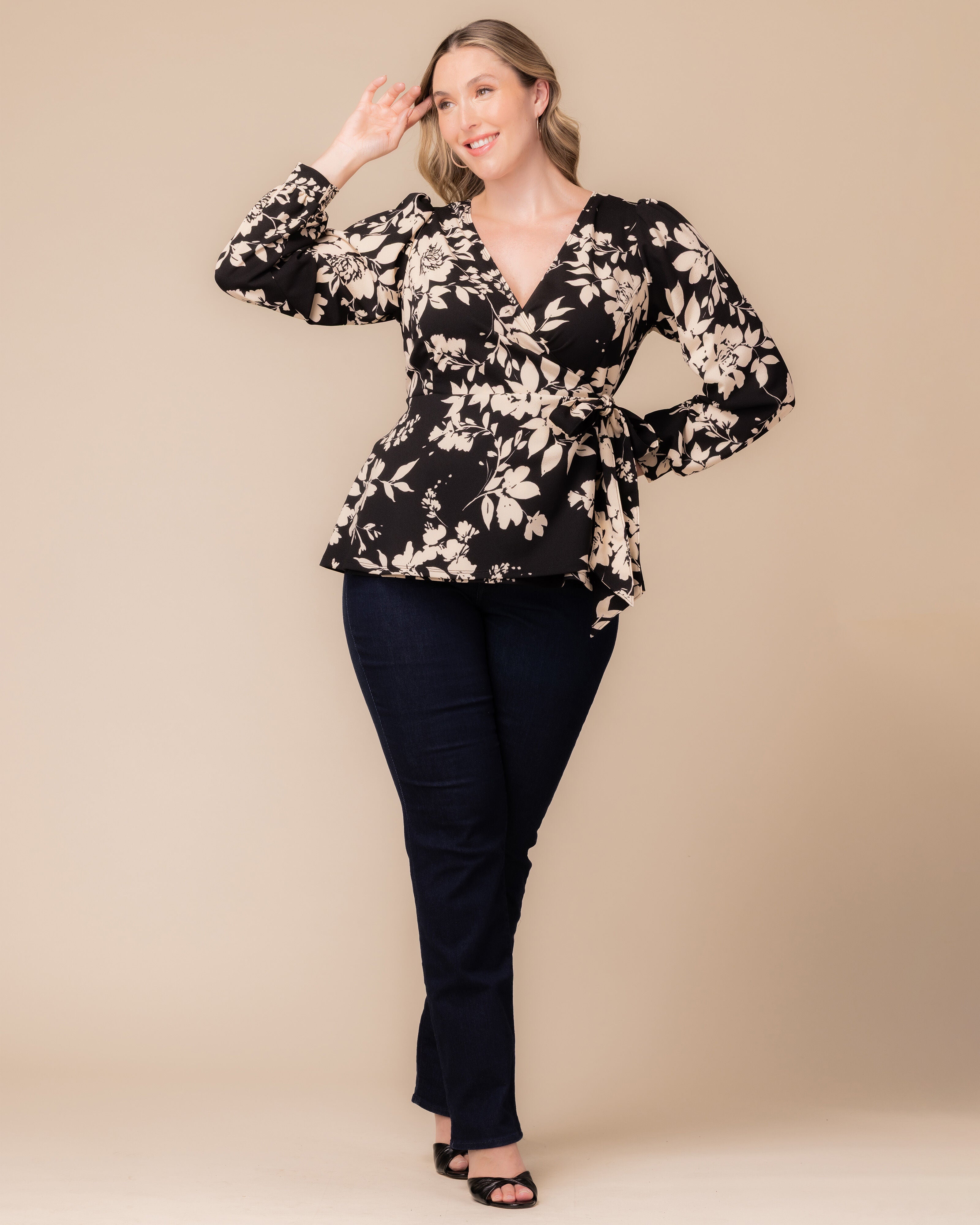 Natasha Long Sleeve Wrap Top, VINTAGE IVORY FLORALS / Black, alternate image number 2