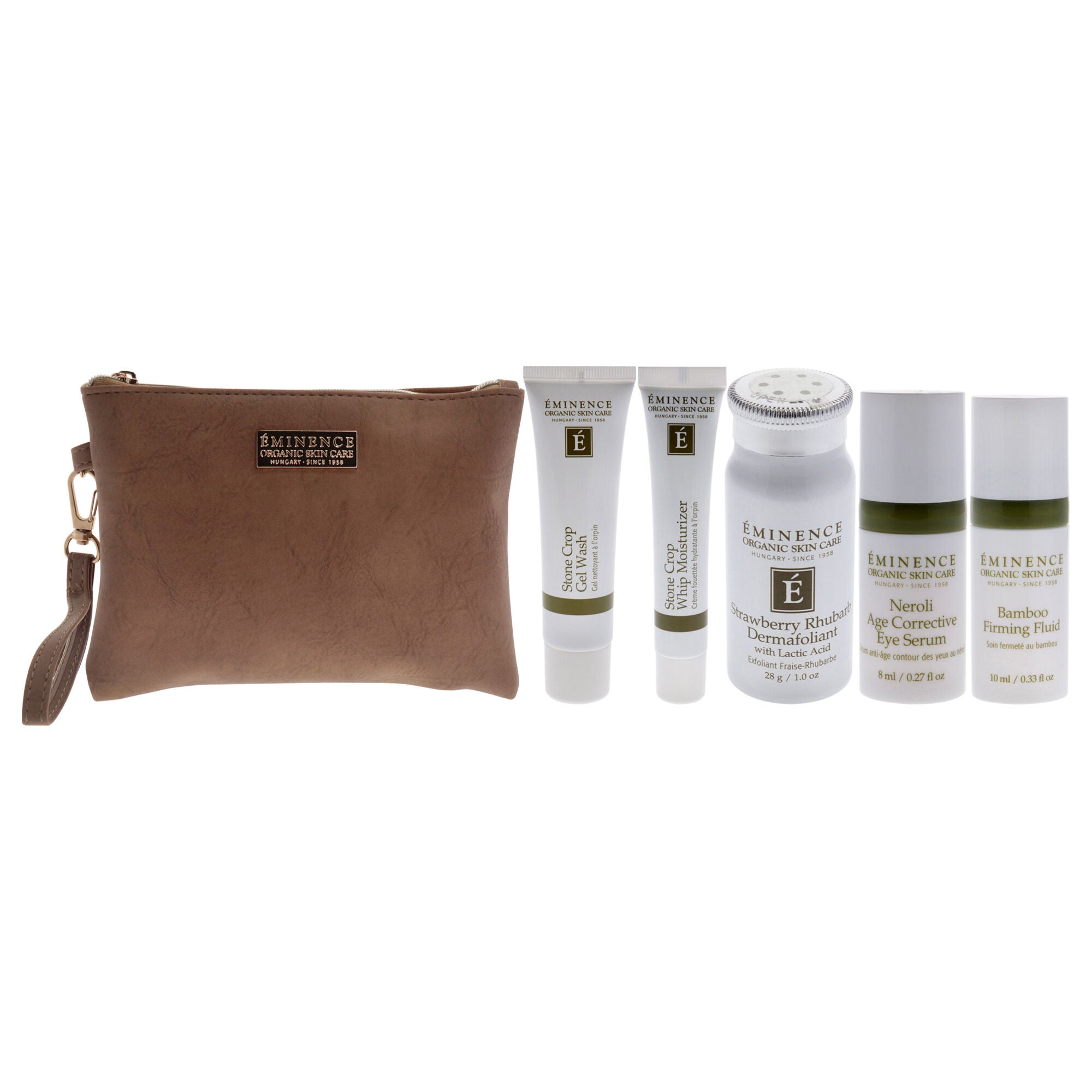 Must Have Minis Starter Set by Eminence for Unisex - 6 Pc 1oz Stone Crop Gel Wash, 1oz Strawberry Rhubarb Dermafoliant, 0.5oz Stone Crop Whip Moisturizer, 0.33oz Bamboo Firming Fluid, 0.27oz Neroli Age Corrective Eye Serum, Pouch, Multi, alternate image number 1