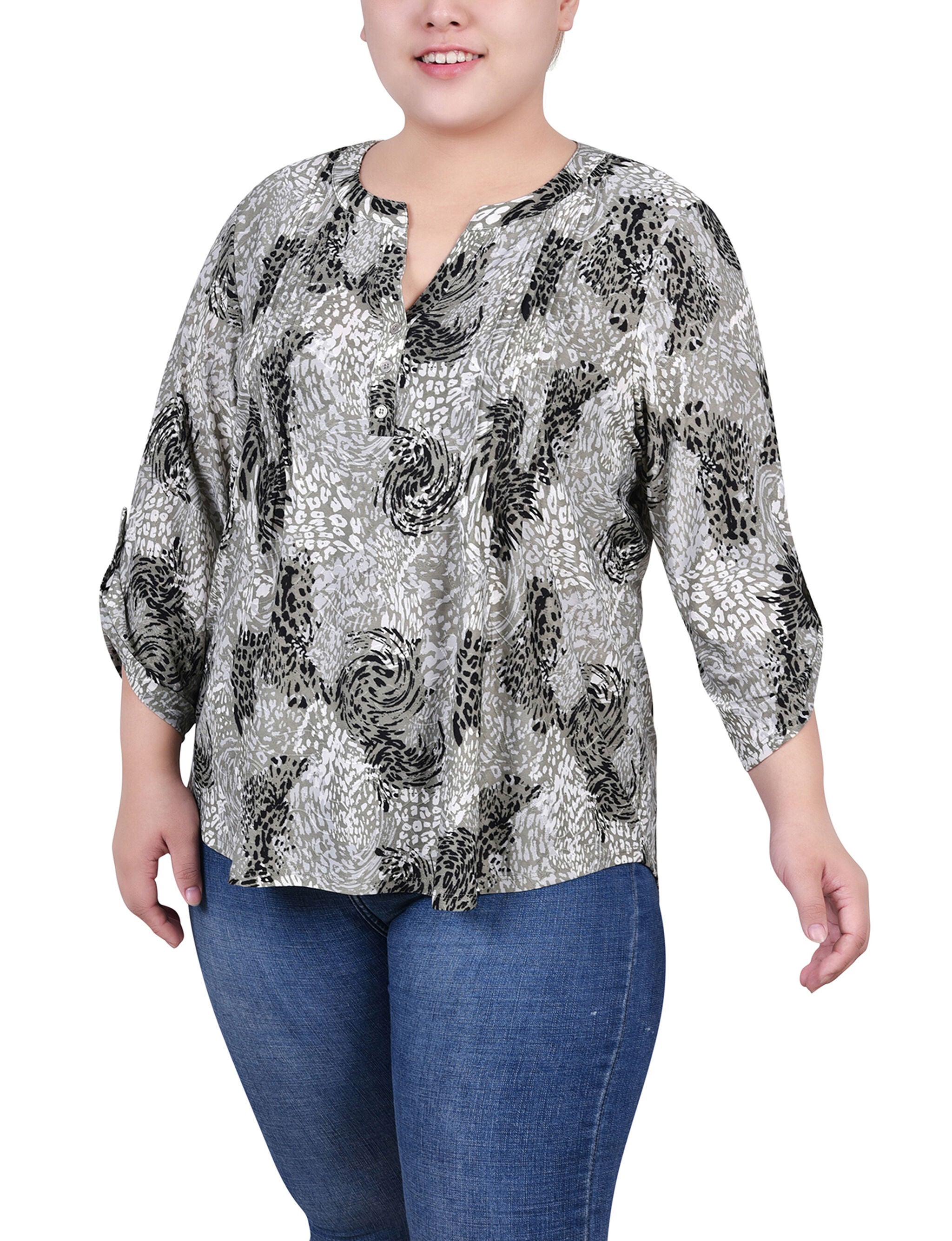 3/4 Sleeve Roll Tab Y Neck Top, Shadow Black Animal, hi-res image number 0