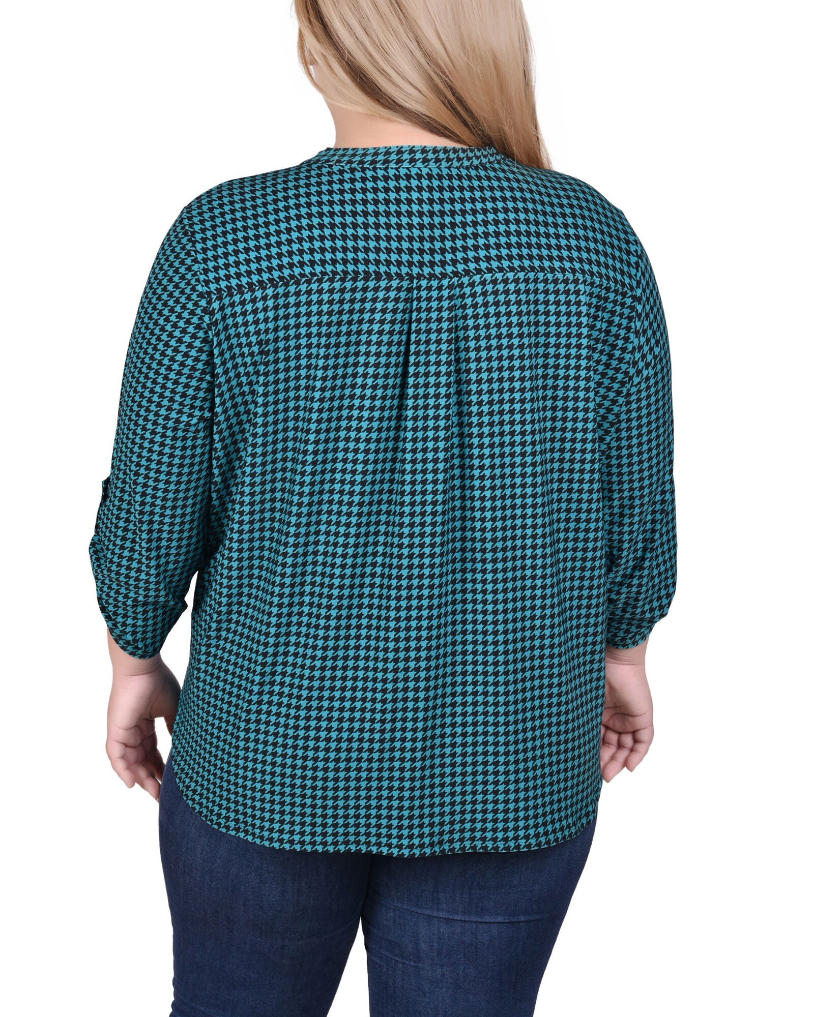 Long Tab-Sleeve Top With Pockets, Fanfare Black Houndstooth, alternate image number 2