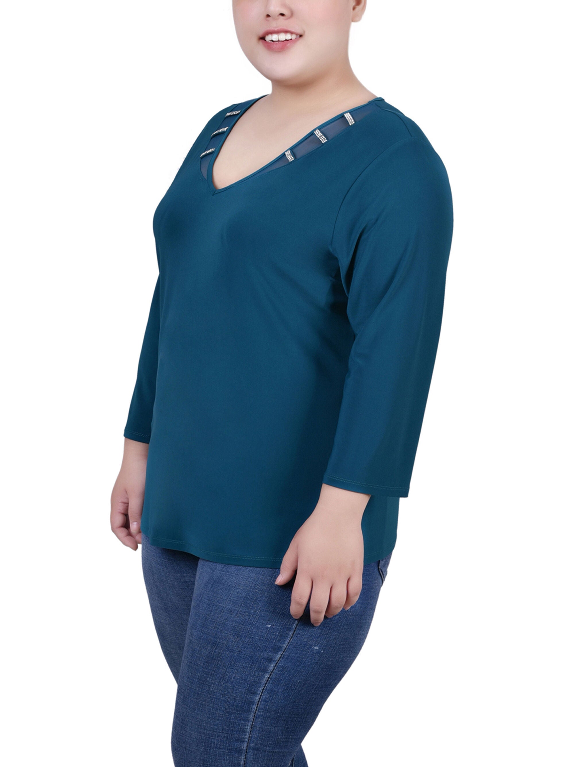 3/4 Sleeve Top With Illusion Neckline and Stones, Fanfare, alternate image number 1