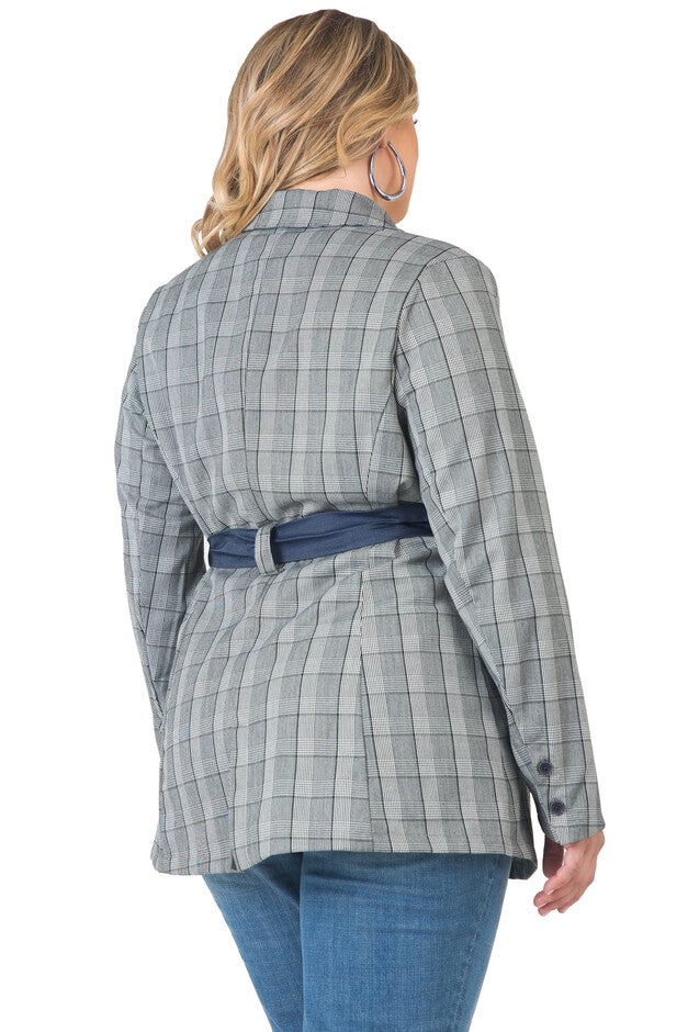 Women's Plus Size Plaid Wrap Blazer with Tencel Trim, , alternate image number 1