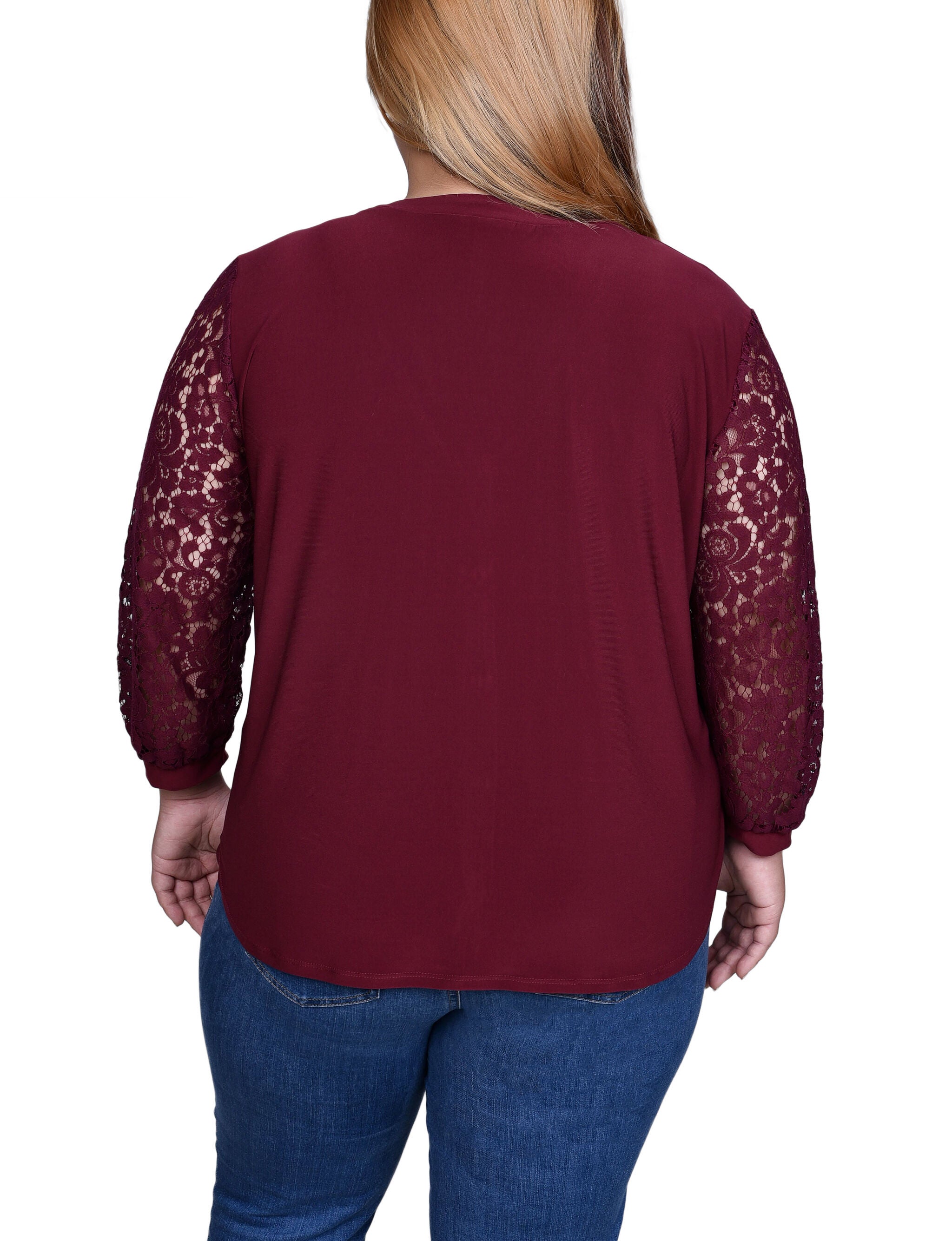 Lace-Sleeve V Neck Top, , alternate image number 3