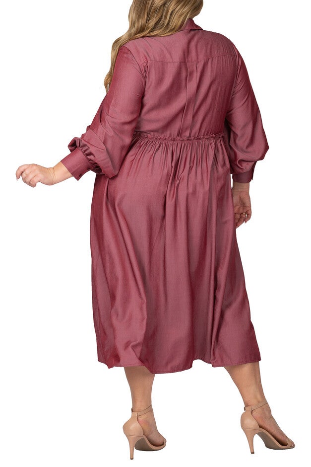 Women's Plus Size Button Front Shirt Dress With Cuffed Balloon Sleeves, , alternate image number null