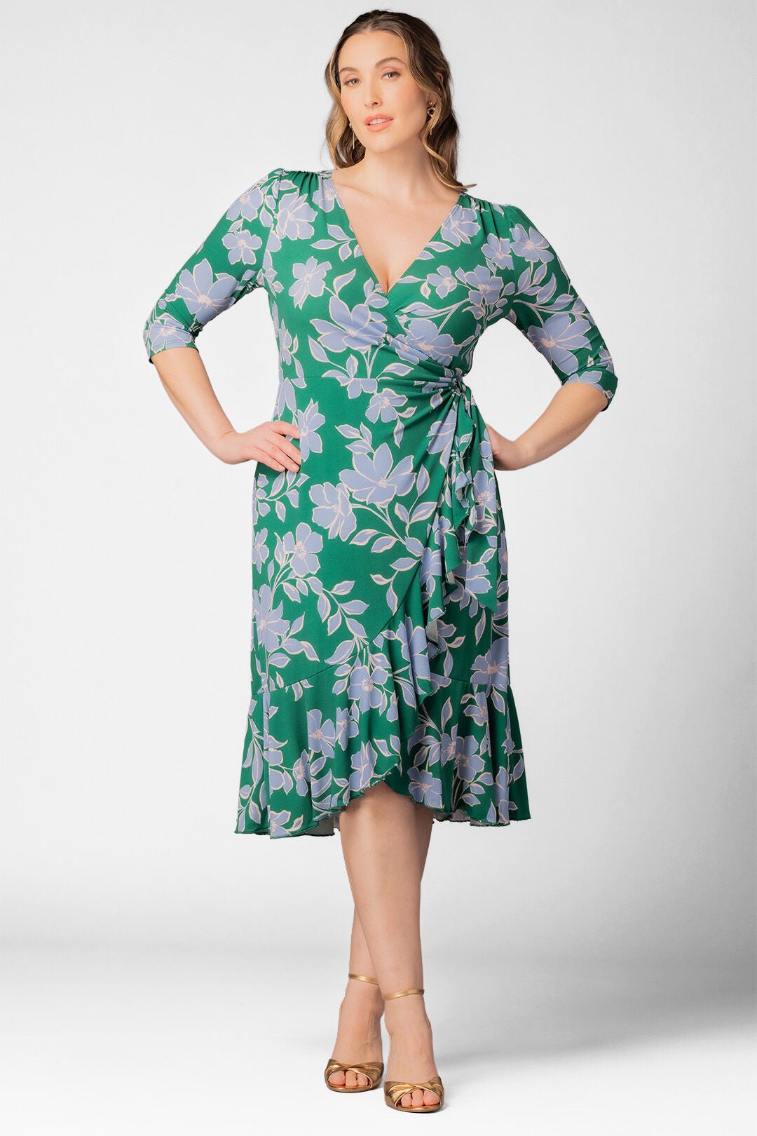 Flirty Flounce Wrap Dress, Green  Blue Florals / Kelly Green, hi-res image number 0