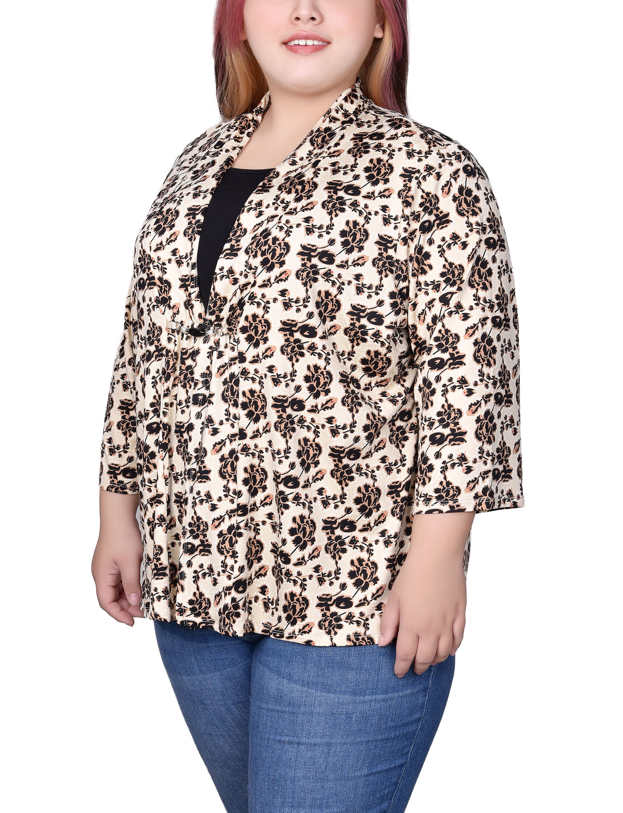 Puff Print 3/4 Sleeve Two-Fer Top, , alternate image number 4