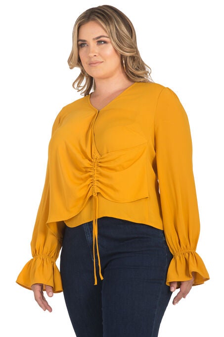 Women's Plus Size Long Flute Sleeve Surplice Neckline Wrap Blouse, , alternate image number null