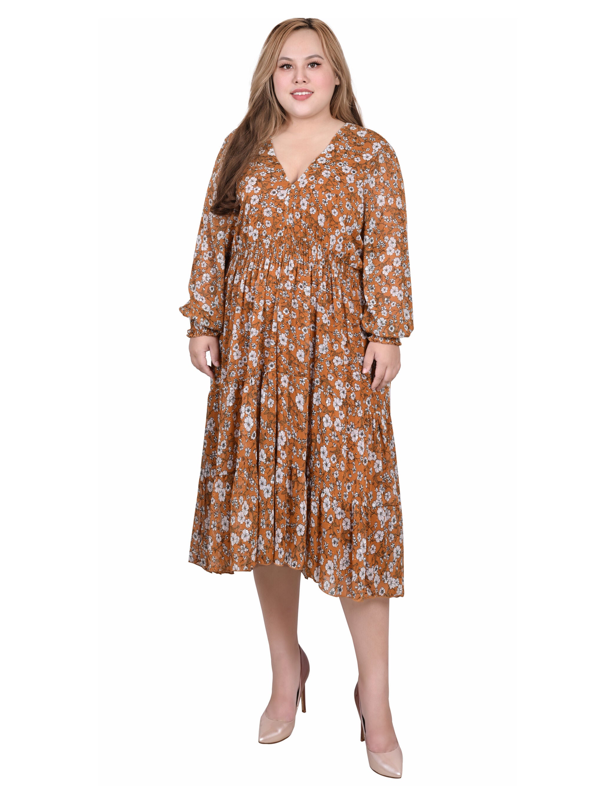 Long Sleeve Clip Dot Chiffon Dress With Smocked Waist and Cuffs, Mustard Floral, hi-res image number 0