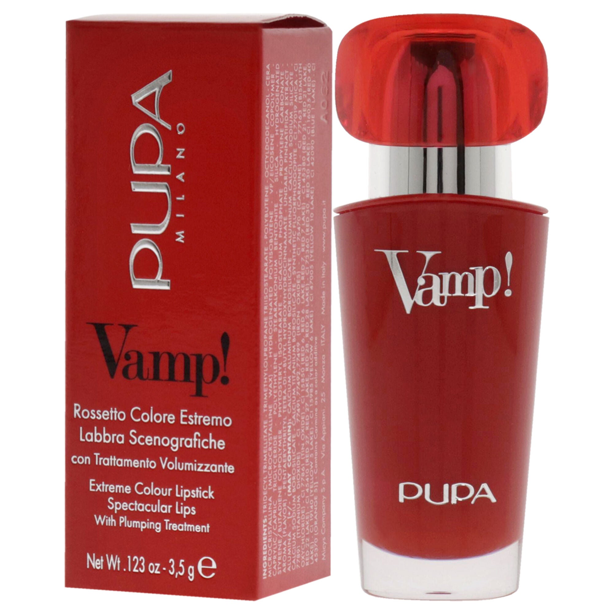 Vamp! Extreme Colour Lipstick with Plumping Treatment - 301 Intense Red by Pupa Milano for Women - 0.123 oz Lipstick, See Description, alternate image number 2